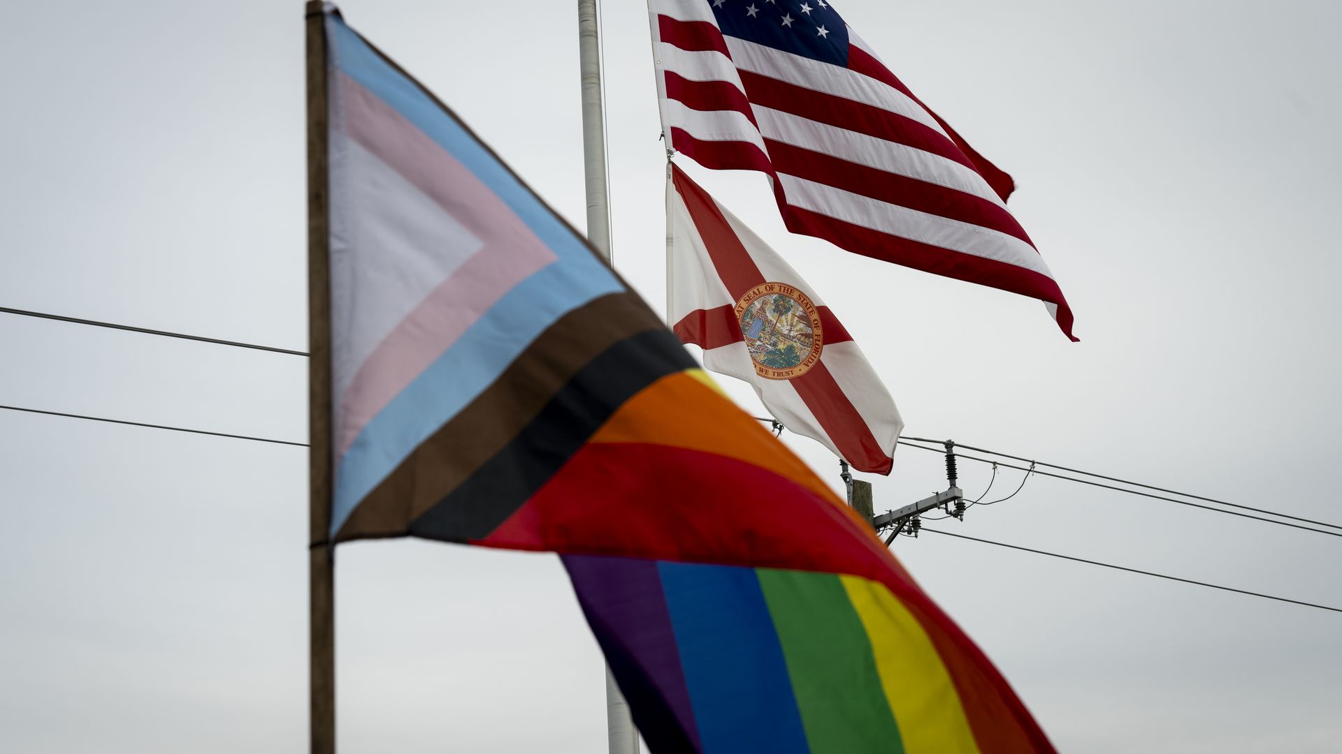 A rainbow flag that also includes black, brown, light blue and light pink stripes flies in front of an American flag and a Florida flag.