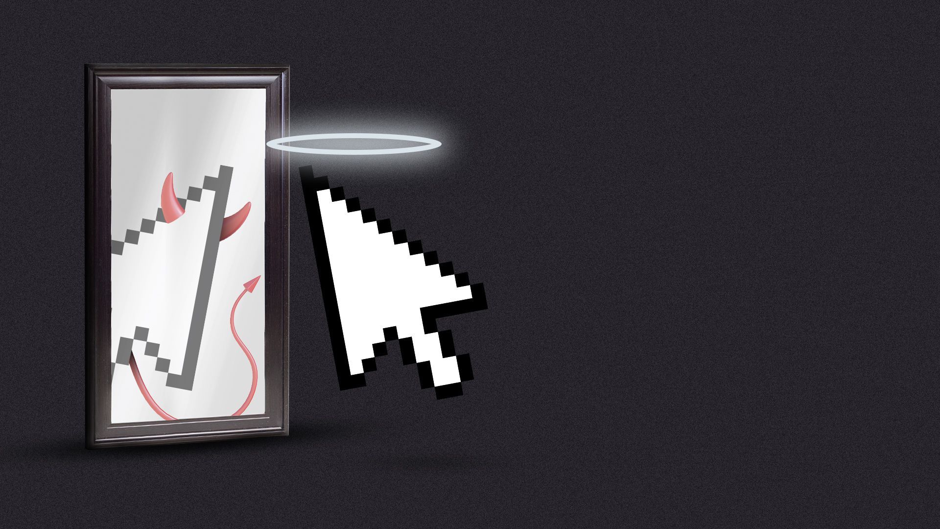 Illustration of a cursor with a halo looking into a mirror, the reflection is a cursor with devil horns and tail. 