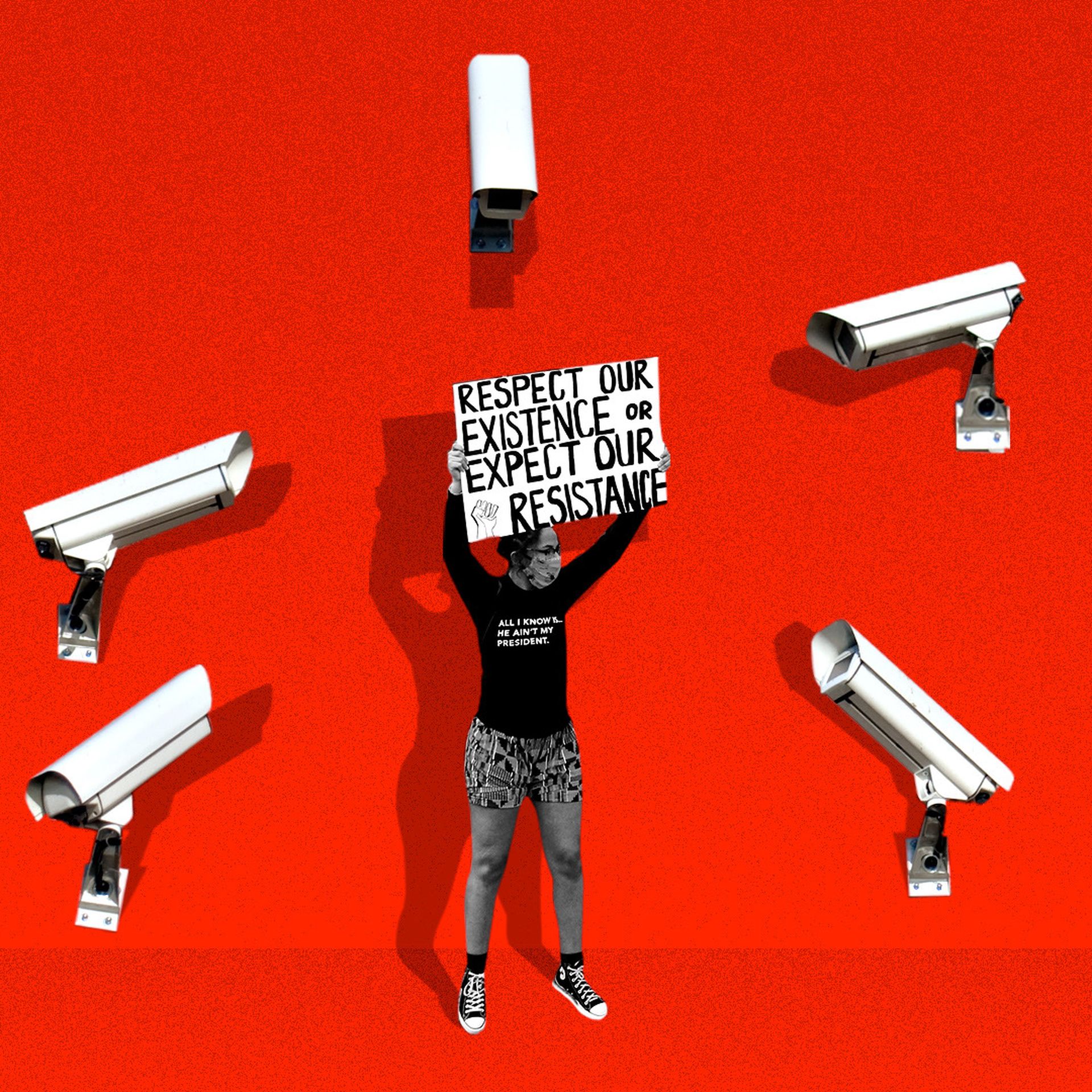 Illustration of surveillance cameras surrounding a protester.