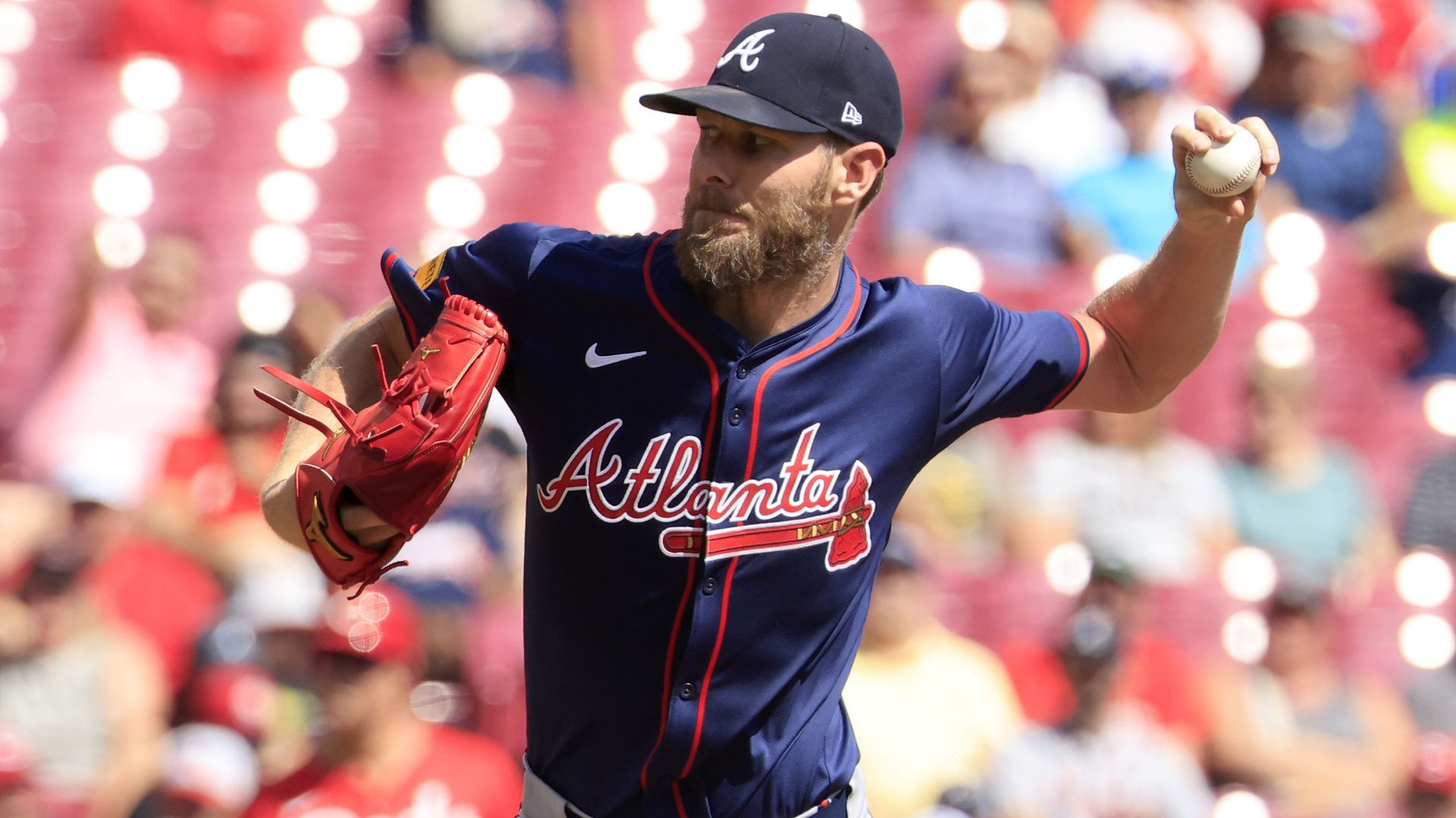 Atlanta Braves pitcher Chris Sale throws out a pitch during a baseball game