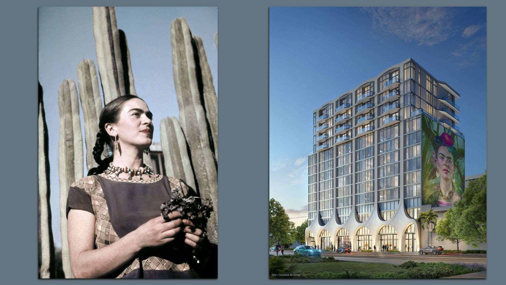 Left: Woman with braided hair and patterned dress stands in front of tall cacti. Right: Modern multi-story building with large portrait mural of a woman wearing jewelry on its side.