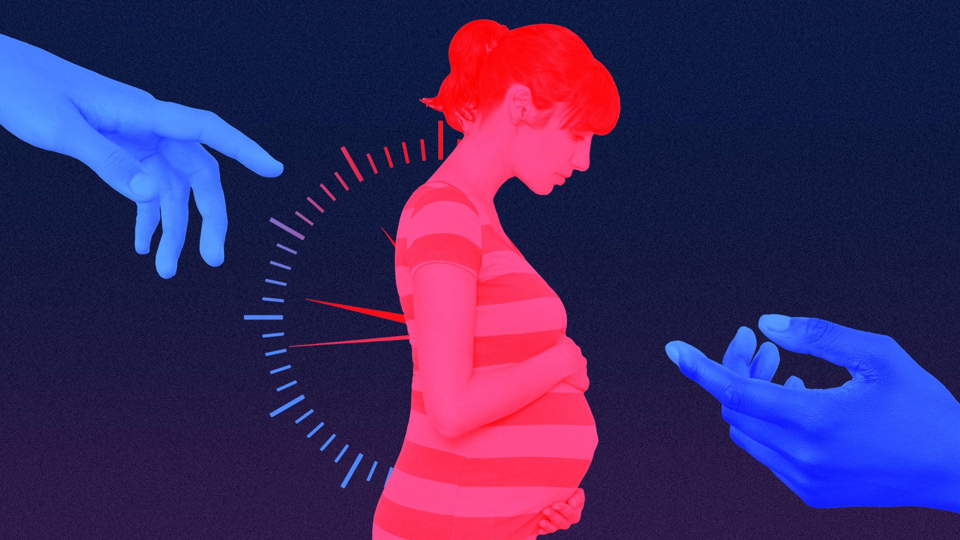 Illustrated collage of a pregnant woman with a clock and two hands drifting apart