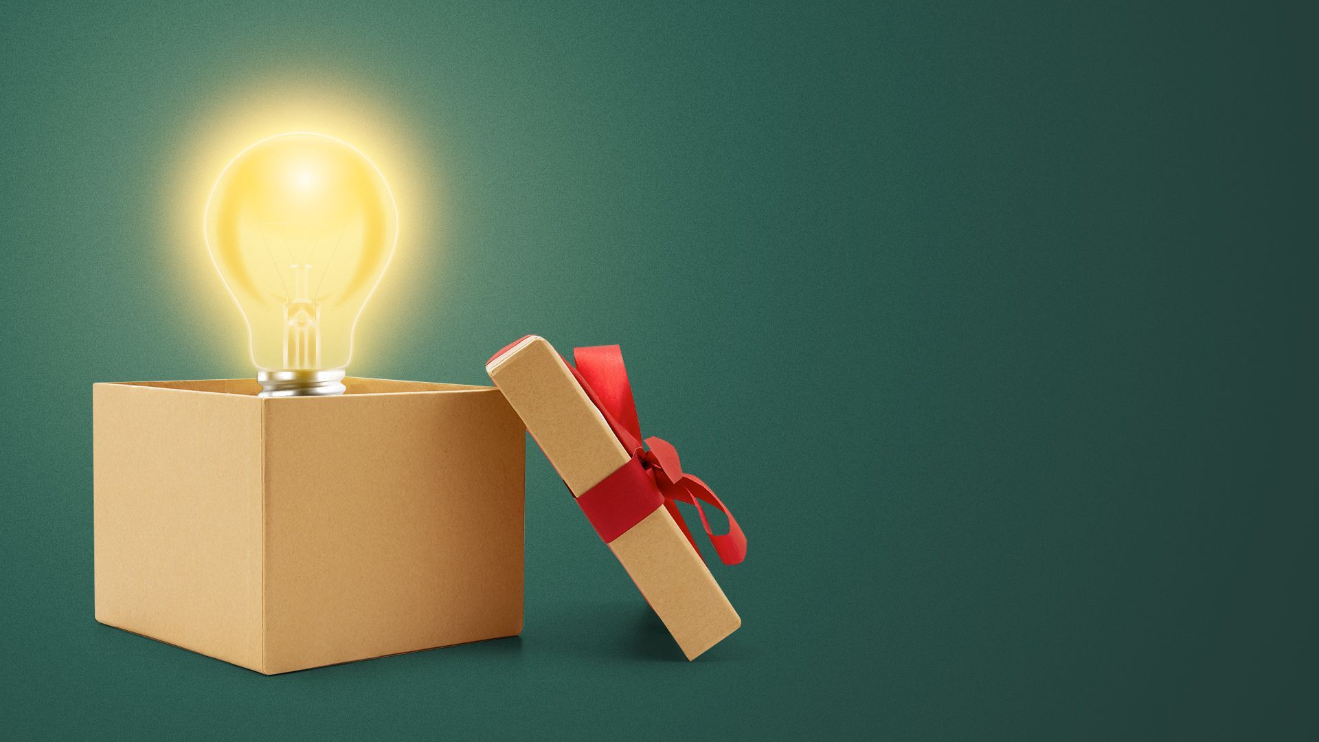 Illustration of an opened gift box with a glowing light bulb inside. 