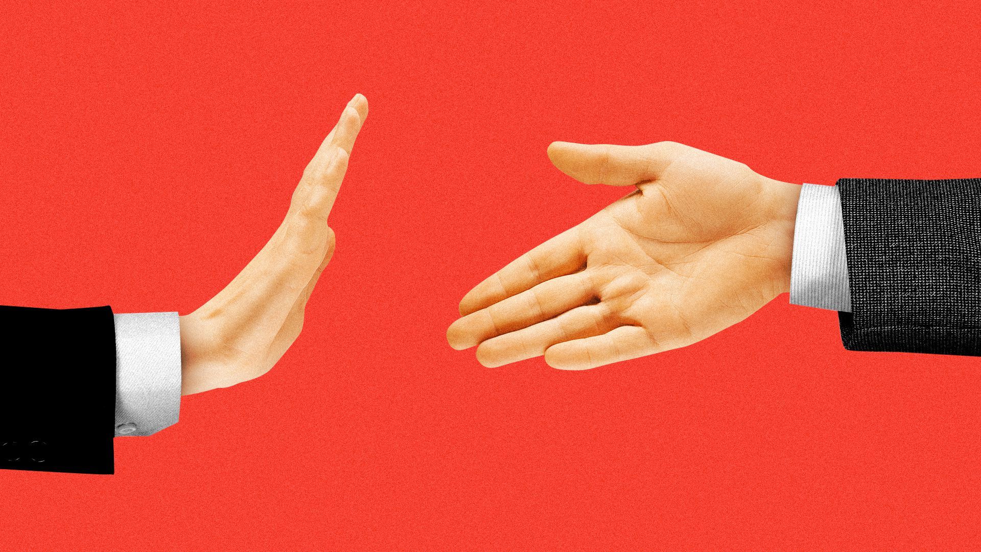 Illustration of a hand reaching out for a hand shake with another hand making a stop gesture. 