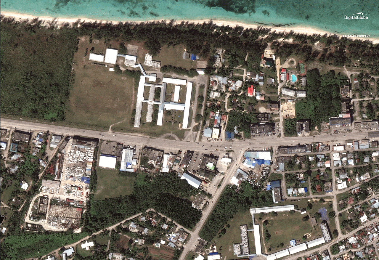 Closeup of damage to buildings on the southwest side of Saipan in the Northern Mariana Islands.