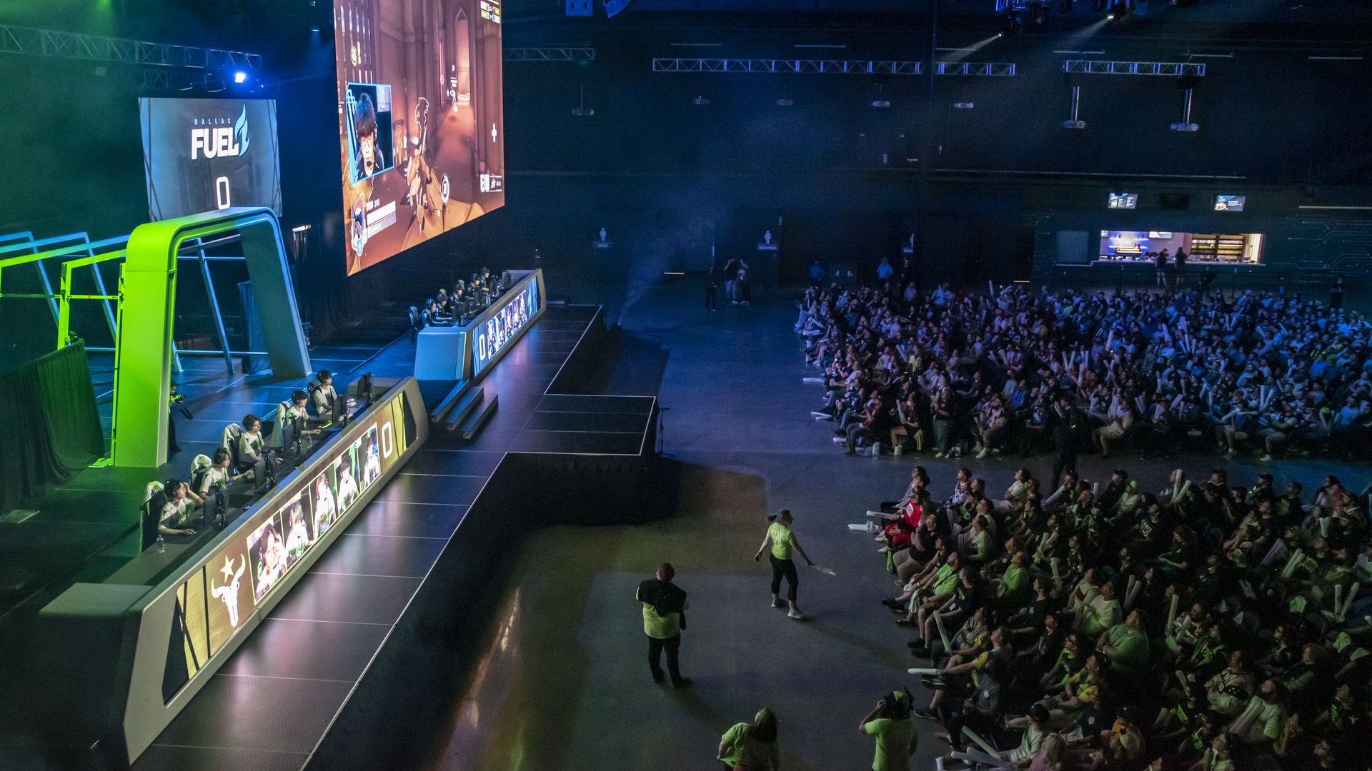 Overhead view of a competitive gaming tournament.