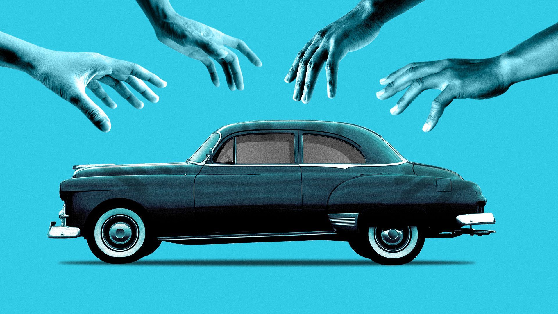 Illustration of hands reaching for one car
