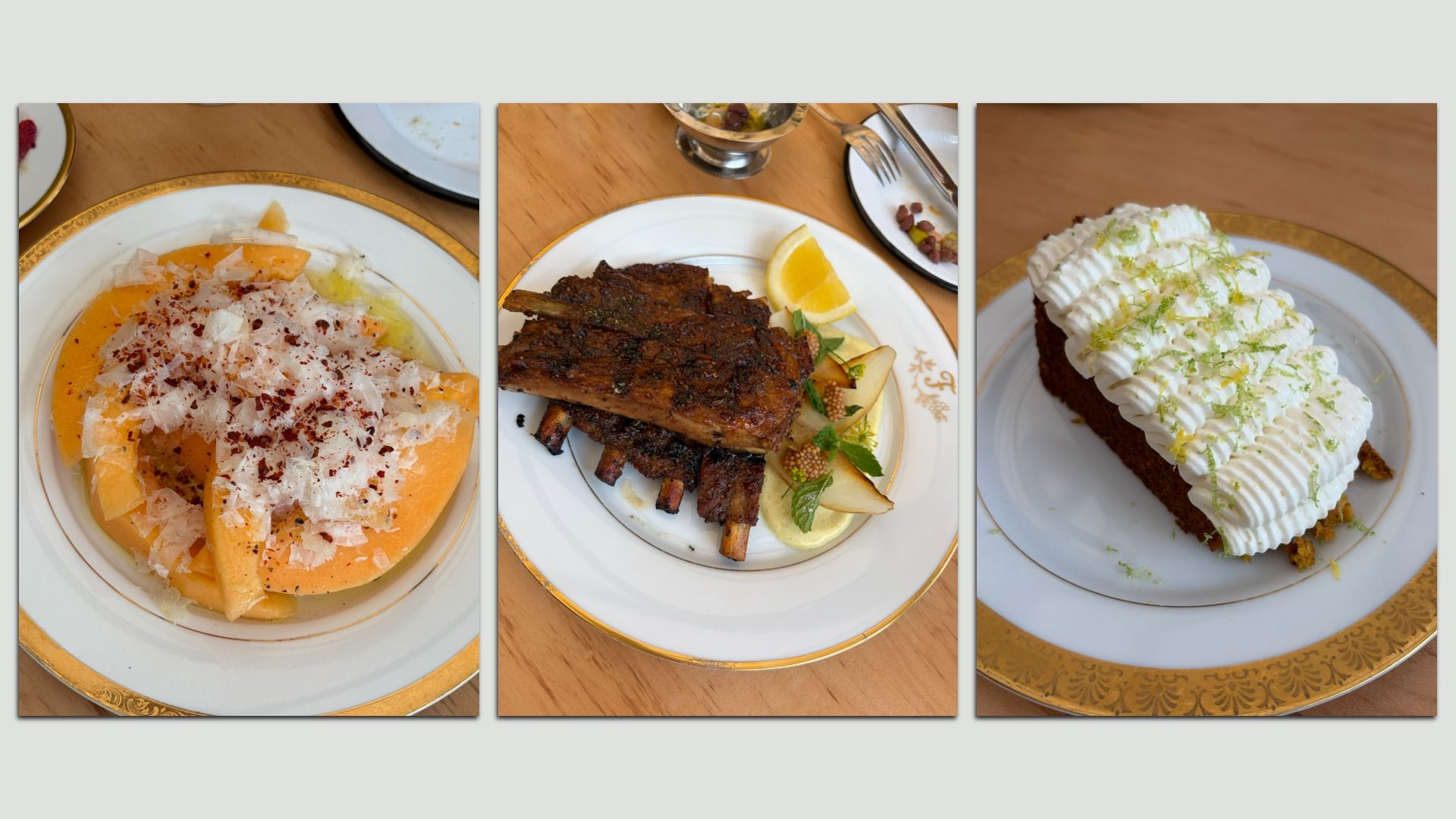 Triptych of three plates: left a halved orange grapefruit topped with salt; center glazed ribs with lemon and mint on a gold-edged plate; right a chocolate cake with whipped cream and lime zest.