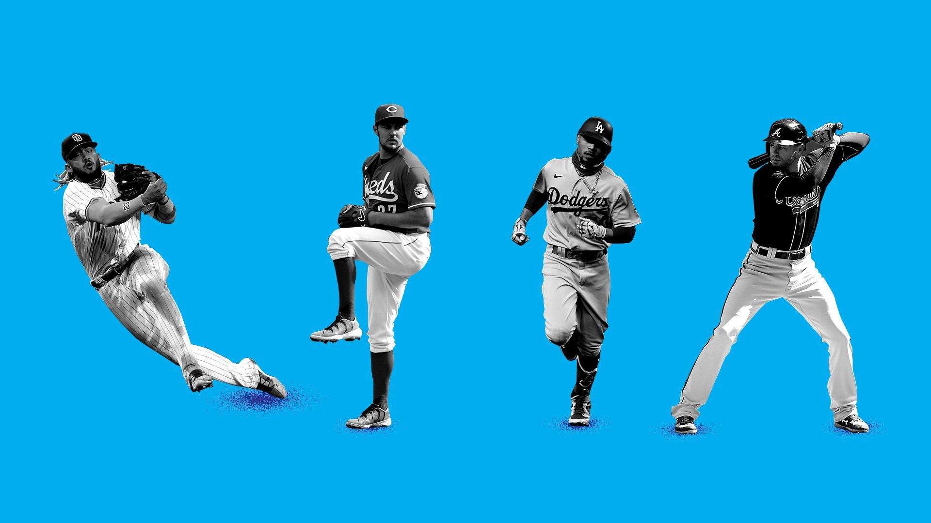 Photo illustration of Freddie Freeman, Mookie Betts, Trevor Bauer, and Fernando Tatís Jr.
