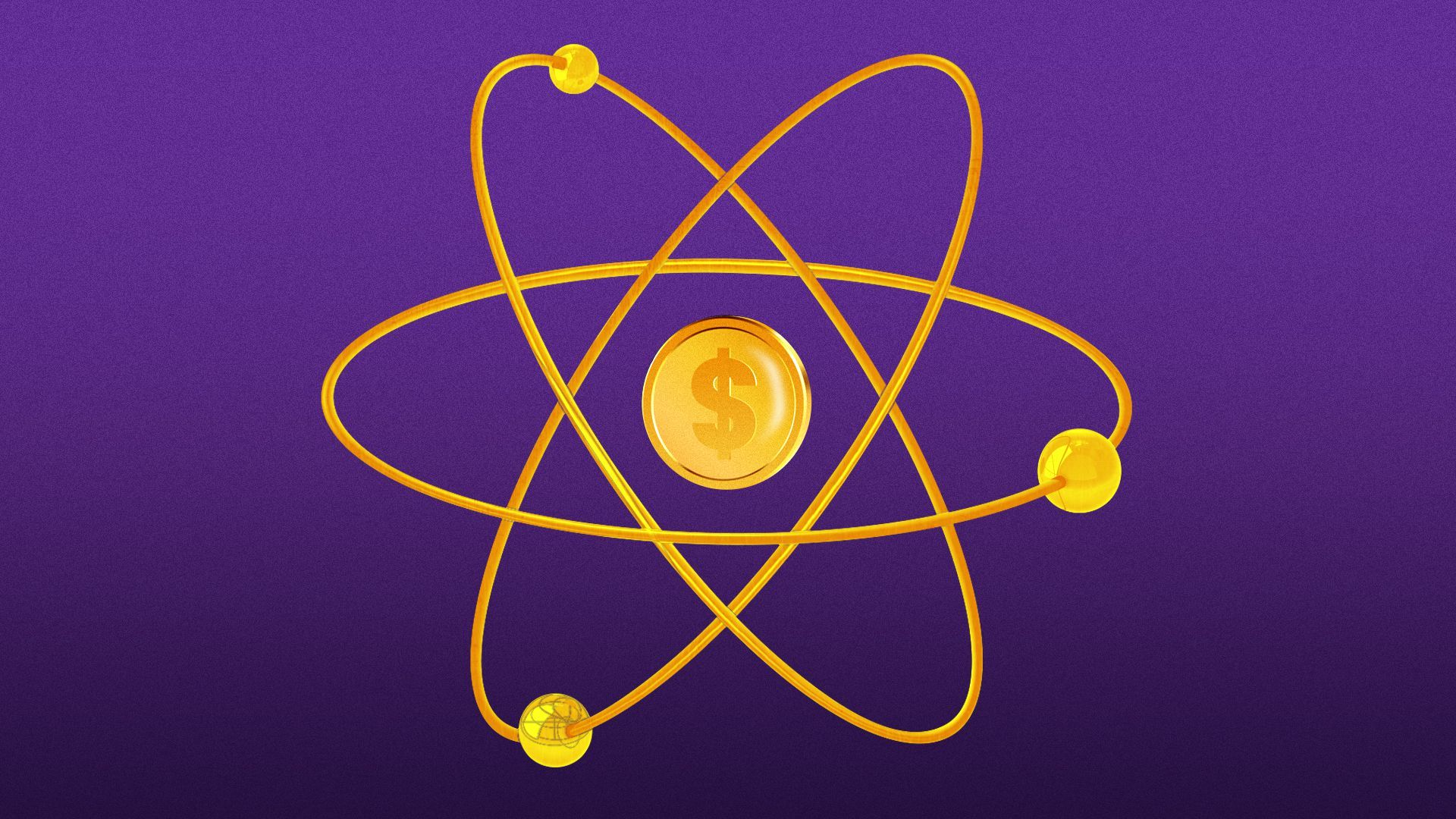 Illustration of an atom with a coin as the nucleus. 