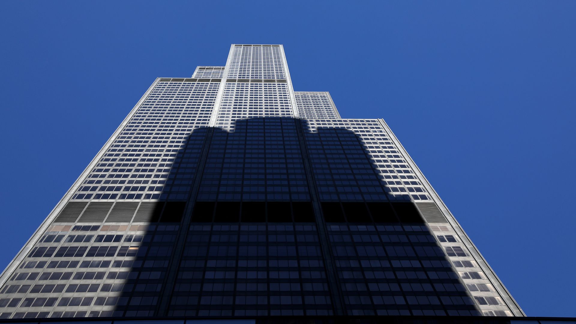 A shot from the bottom up of Chicago's Willis Tower.