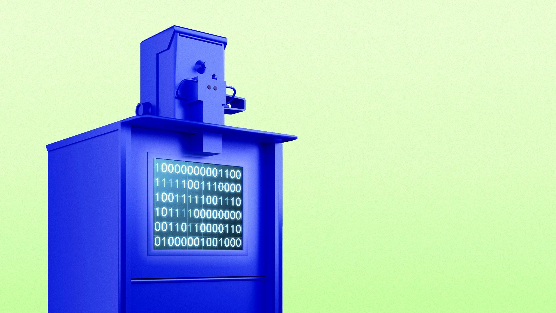 Illustration of a newspaper box with a glowing digital screen with binary code.