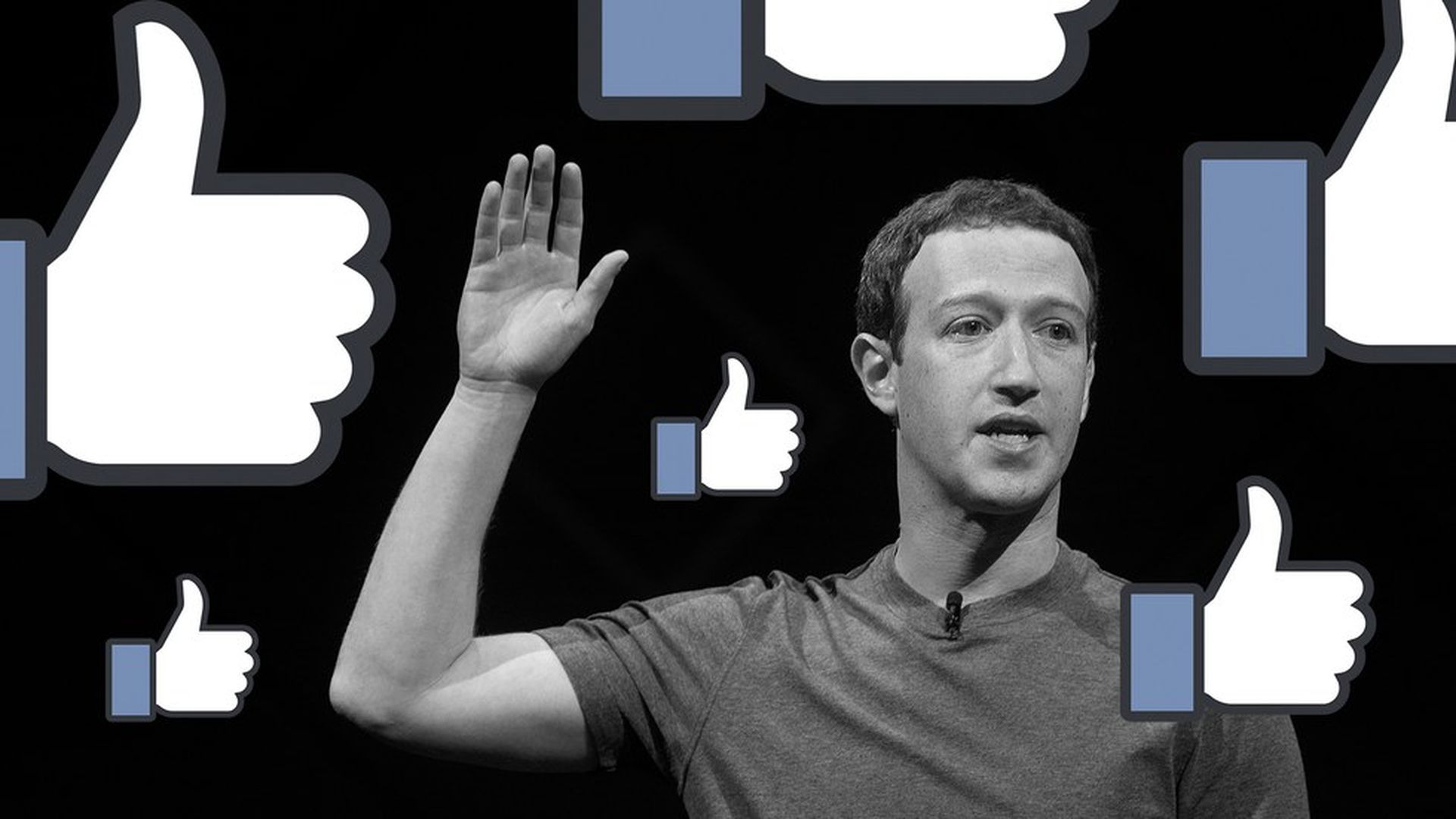 Photo illustration of Mark Zuckerberg with thumbs up symbols.