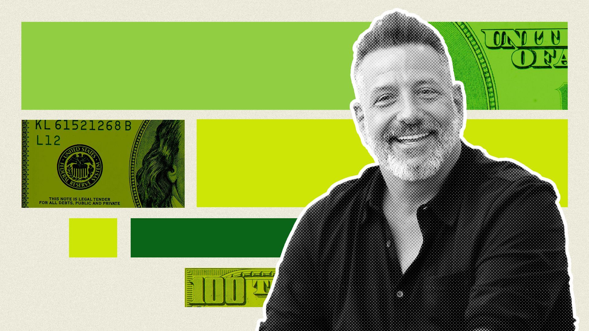 Photo illustration of Marc D'Amelio with abstract shapes and money elements.