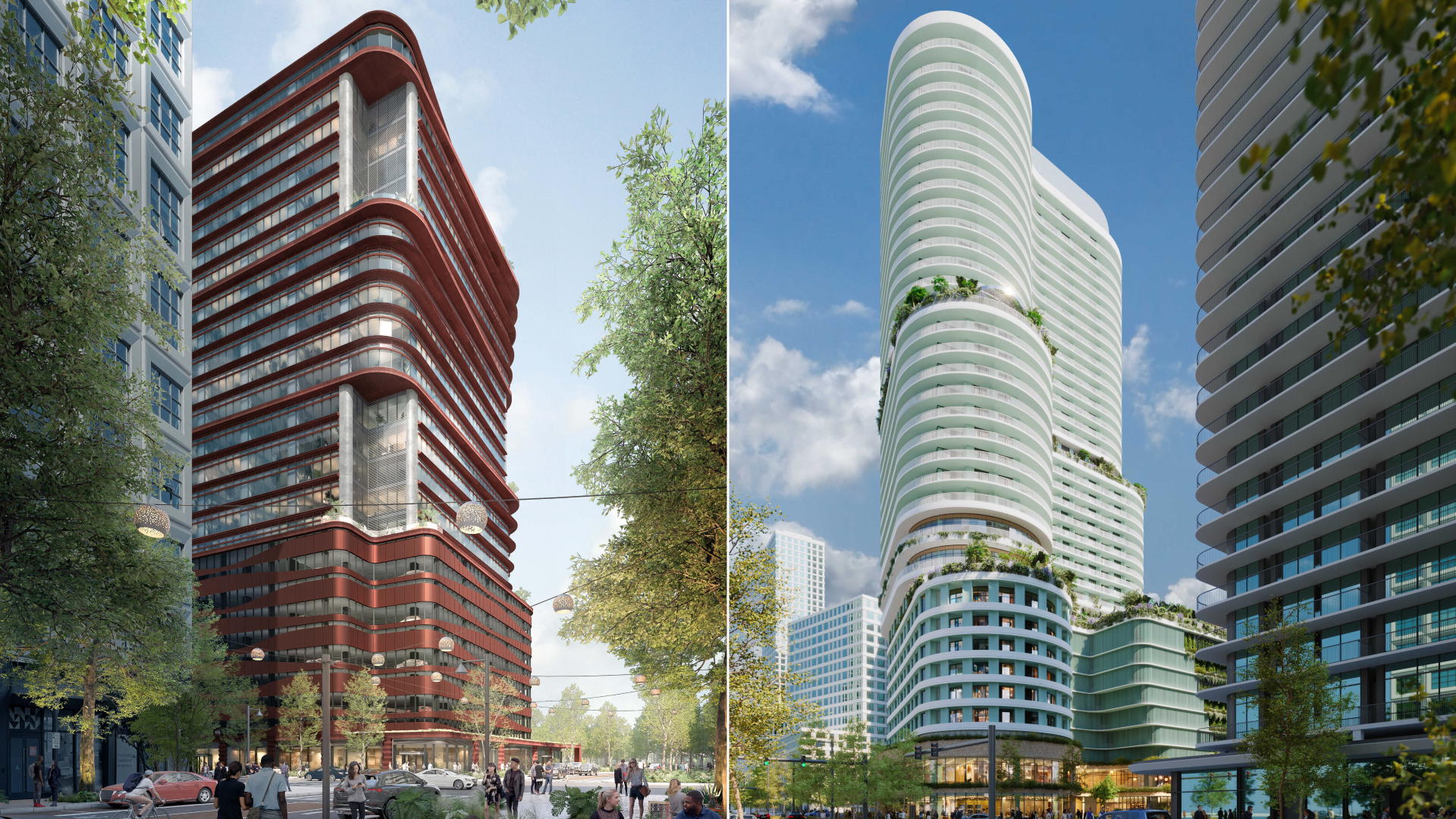 two renderings of curvy buildings
