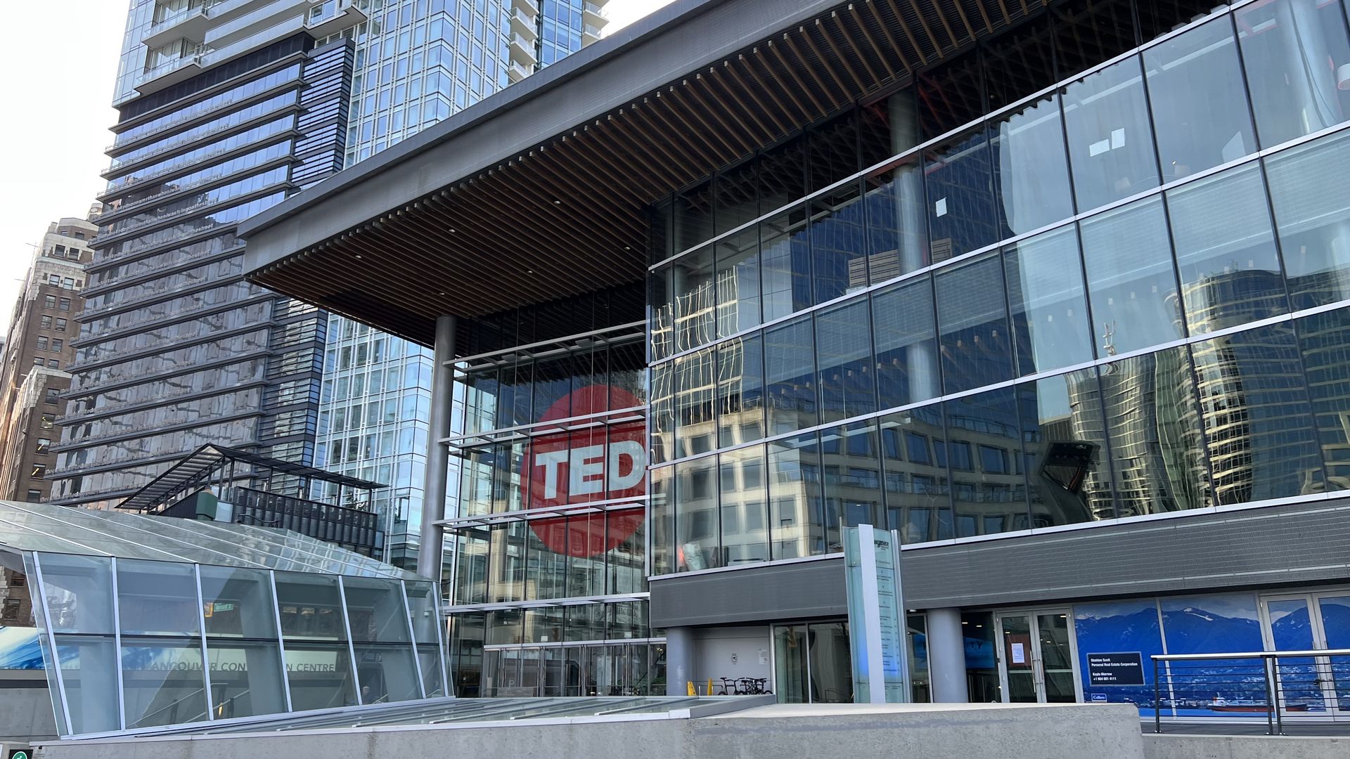 An exterior of the Ted logo at the Vancouver Convention Center