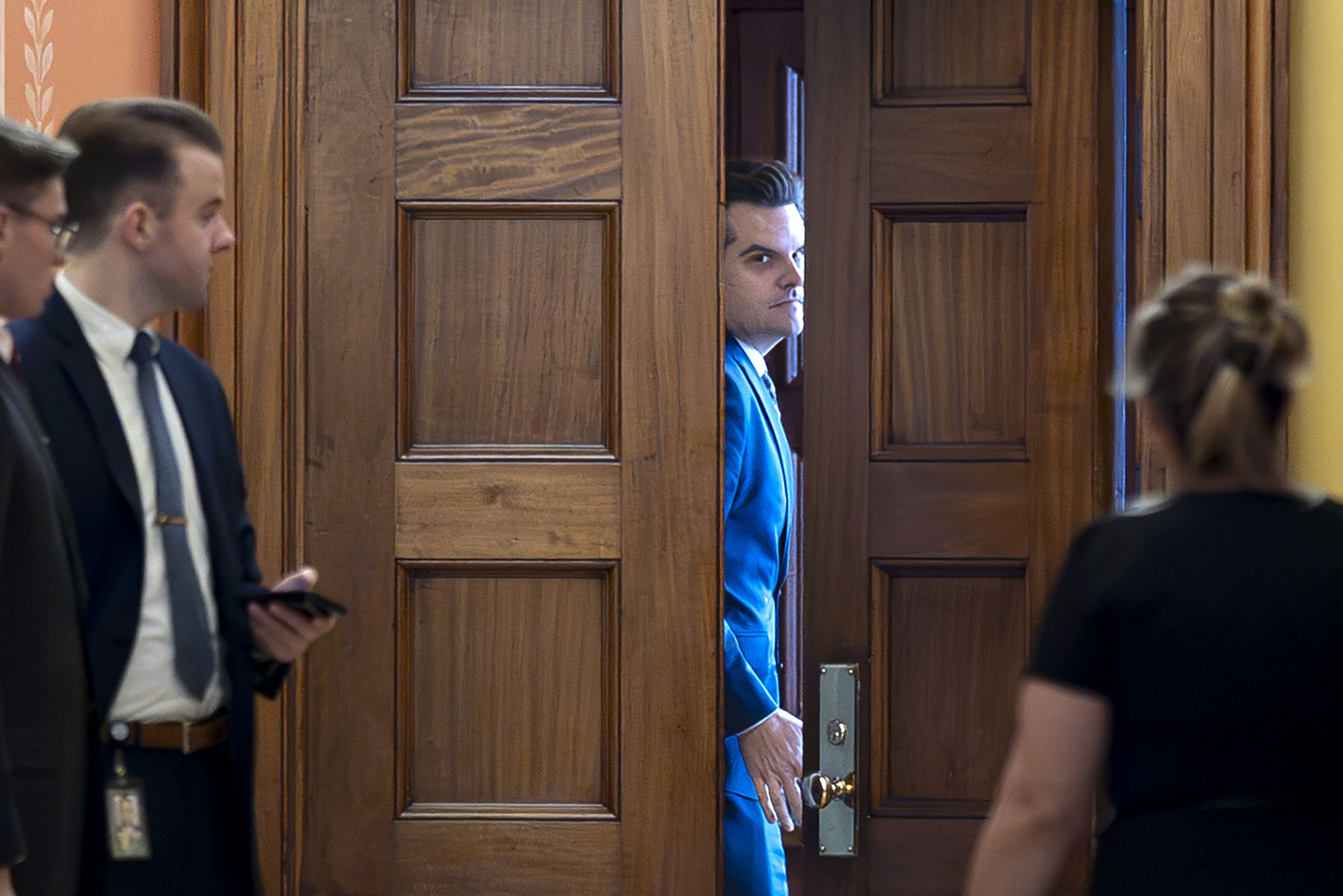 Former Rep. Matt Gaetz closes a door to a meeting with Vice President-elect JD Vance and Senate Judiciary Committee members on Capitol Hill last week.