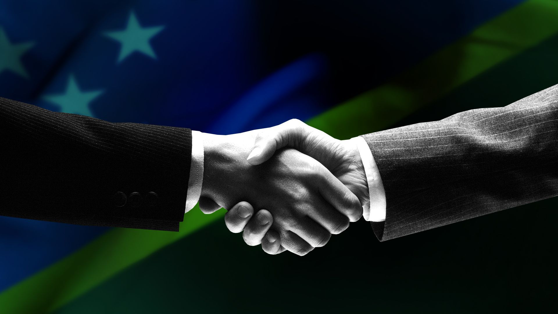 Illustration of two hands shaking with the Solomon Islands and U.S. flags in the background 