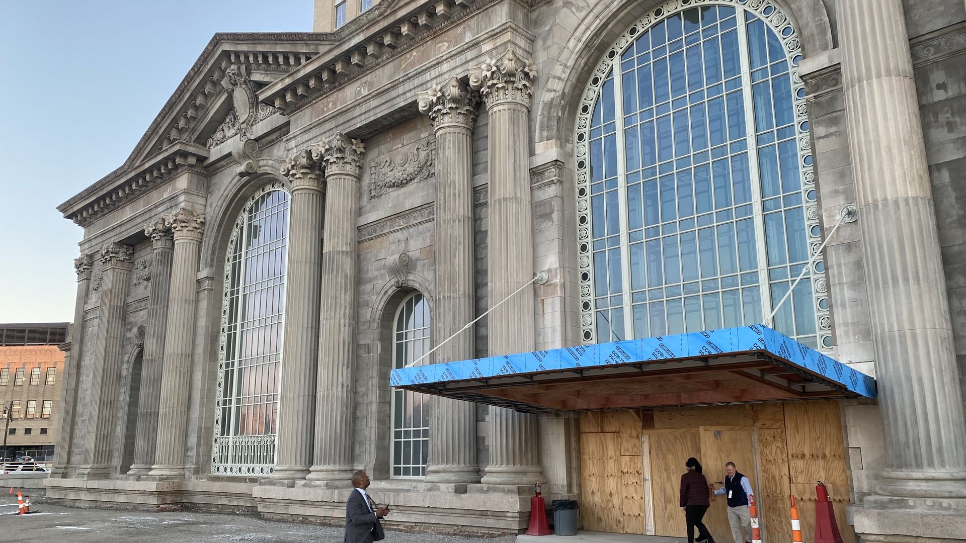 The front of Michigan Central Station. 