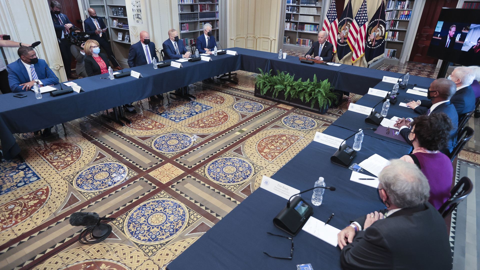 U.S. President Joe Biden, center, speaks during a meeting in the Eisenhower Executive Office Building Library in Washington, D.C., U.S., on Wednesday, Sept. 15, 2021.