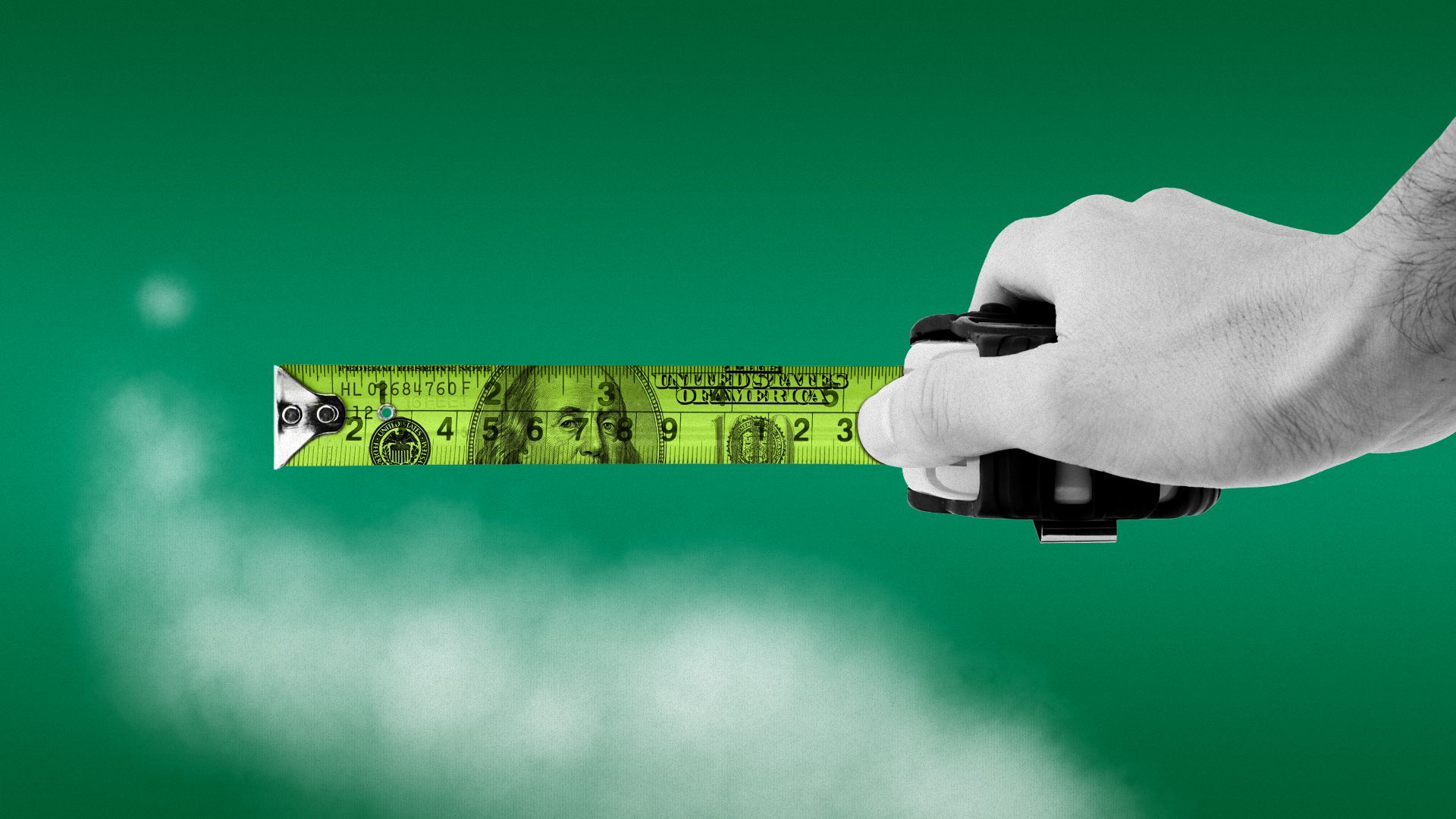 Illustration of a one hundred dollar bill coming out of a measuring tape, measuring the smoke coming up from below.