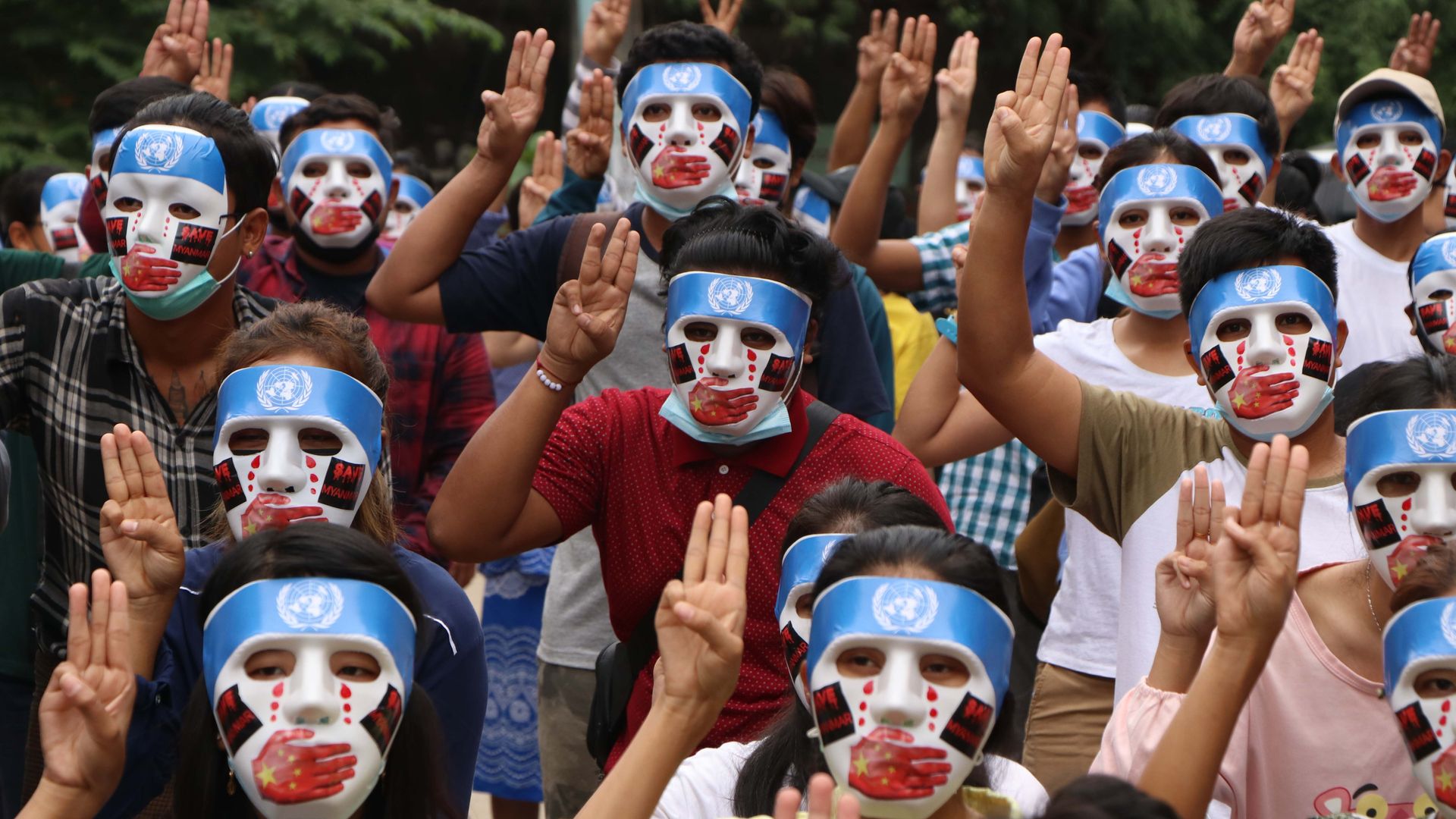 People in Myanmar protest against the military coup. 