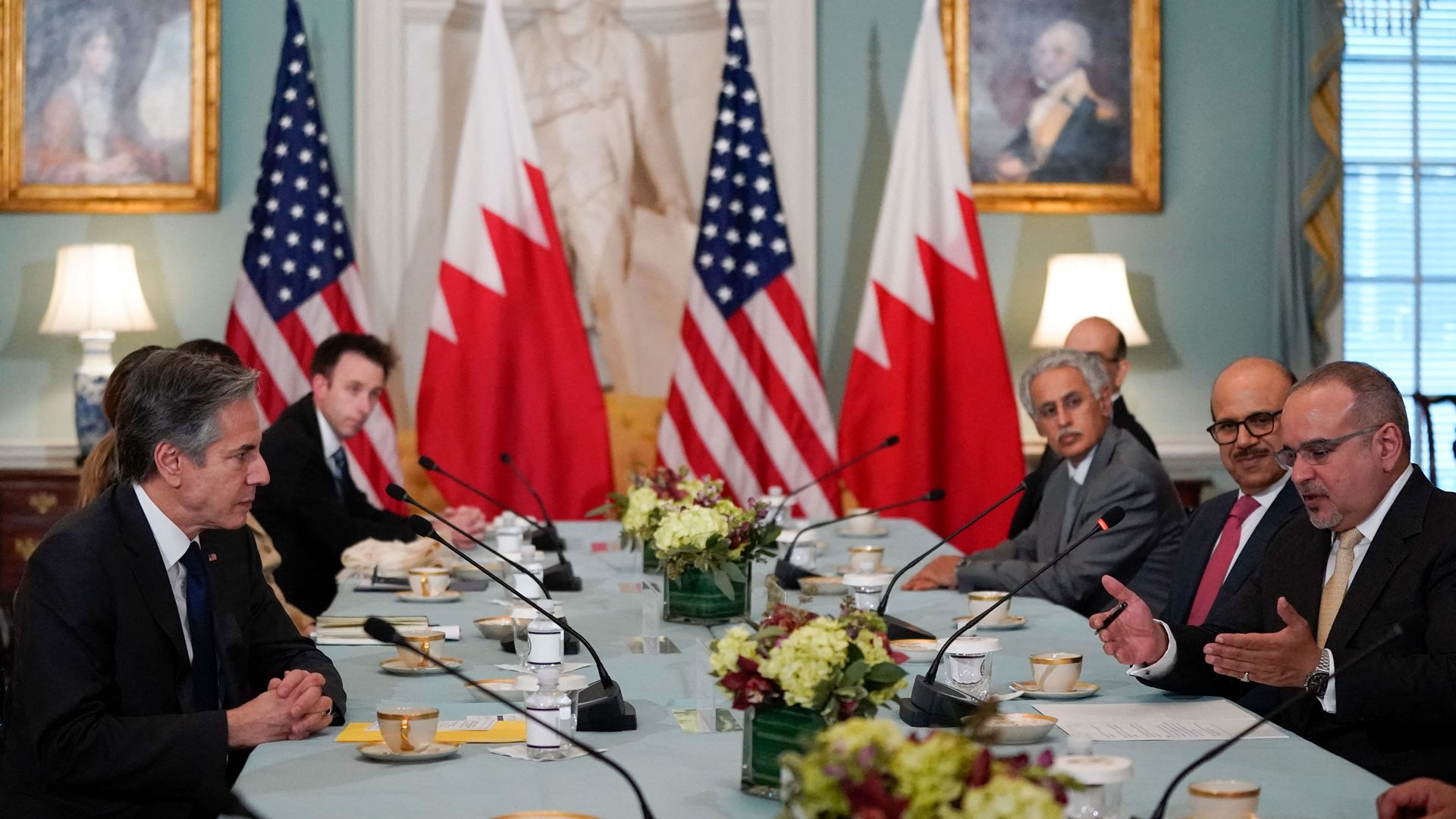 US Secretary of State Antony Blinken (L) meets with Bahrain's Crown Prince and Prime Minister, Salman bin Hamad Al Khalifa, at the State Department in Washington, DC,