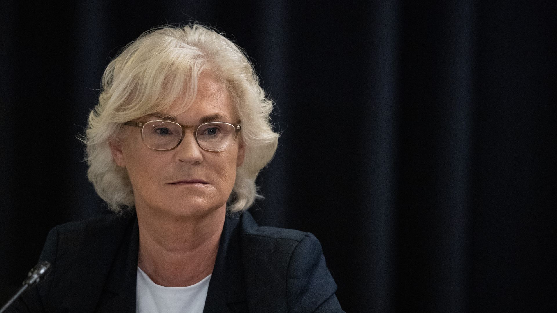 Germany's Minister of Defense Christine Lambrecht during a meeting with U.S. and Ukrainian officials at  at Ramstein Air Base on April 26.
