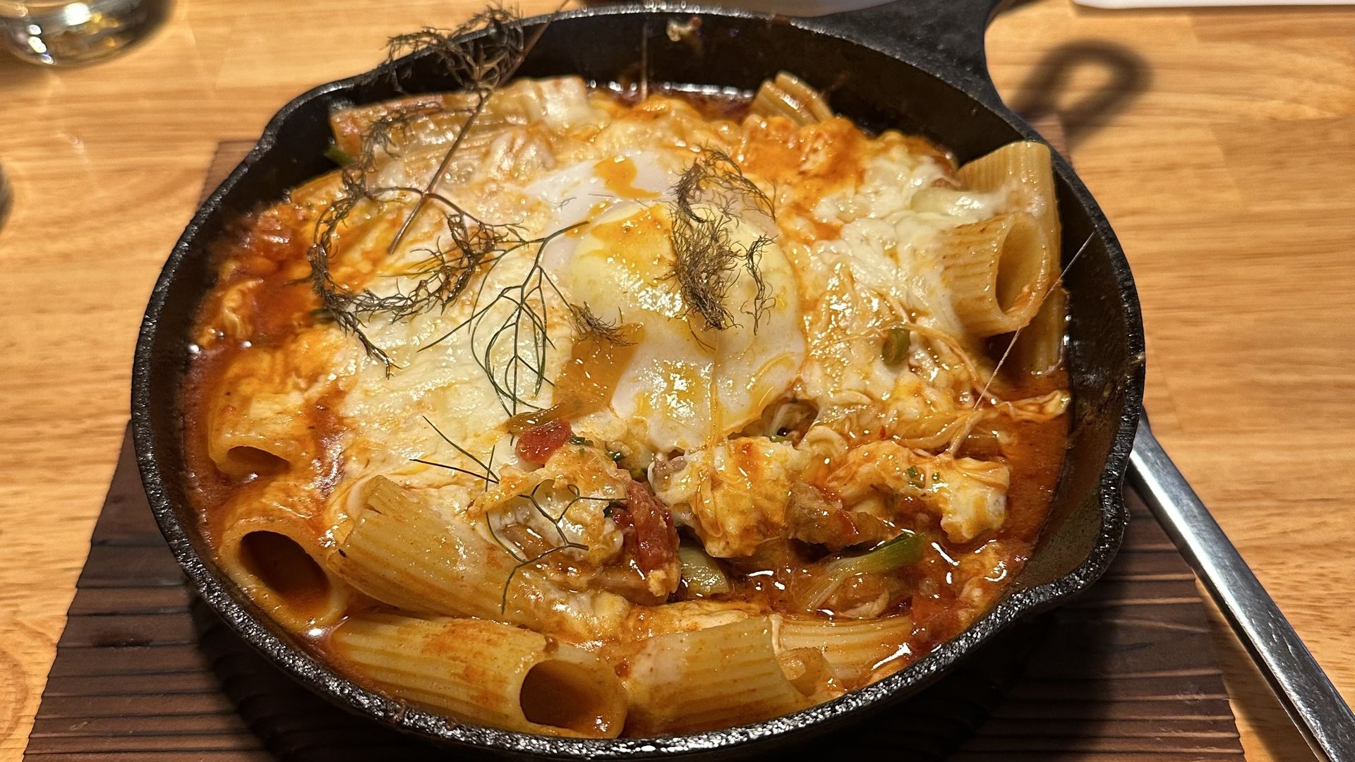 cast iron filled with pasta