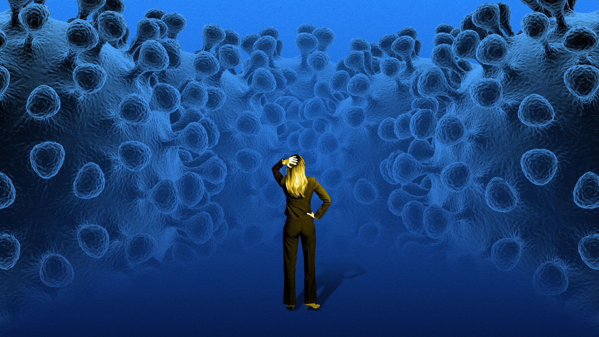 Illustration of person looking up at large viruses