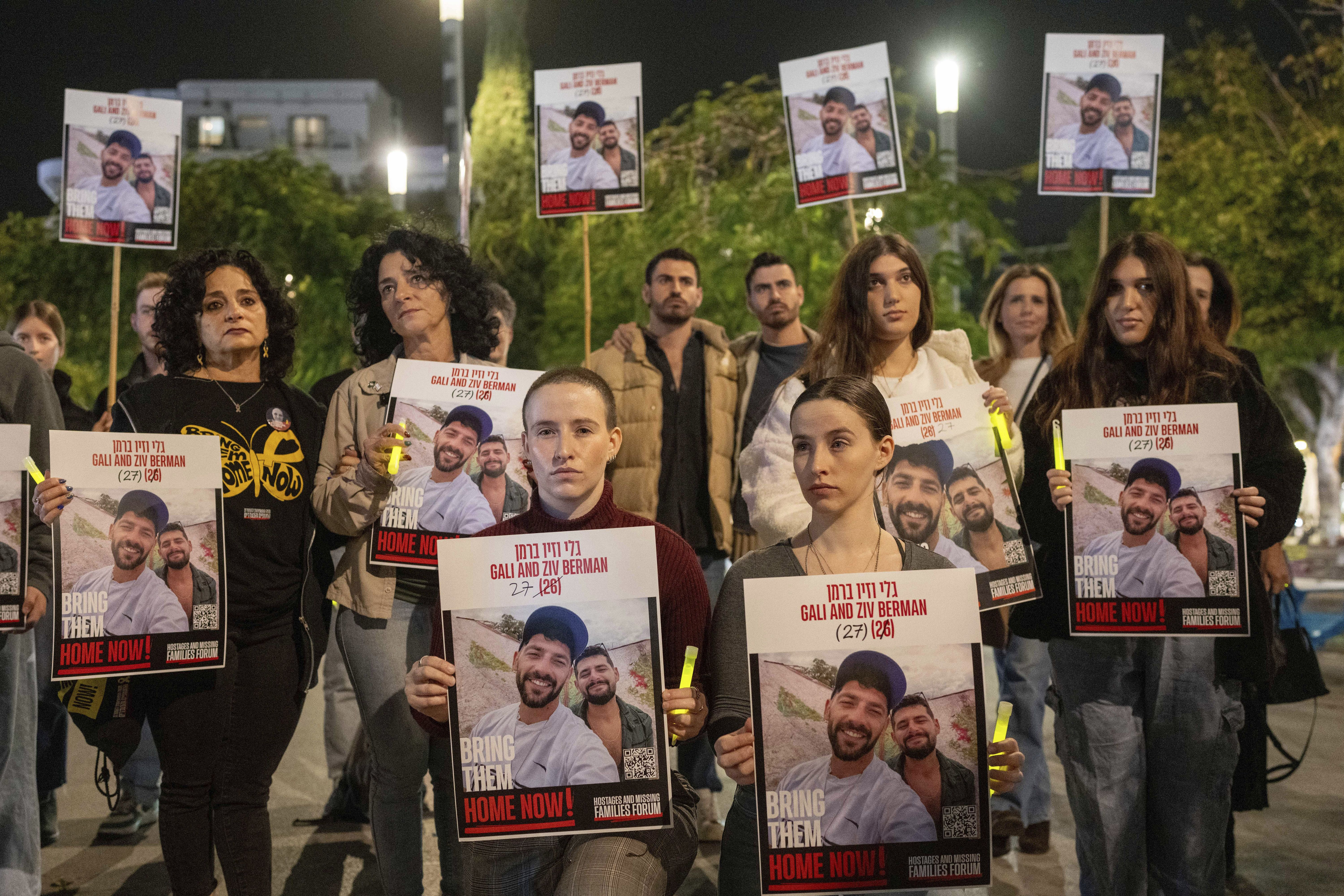 Supporters and family members of Ziv and Gali Berman, twin brothers who are being held hostage by Hamas, demonstrated in Tel Aviv yesterday.