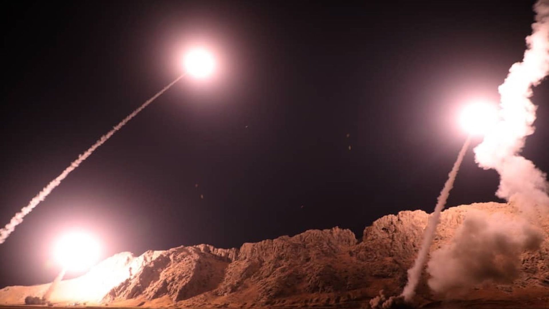 Zulfiqar and Qiam ballistic missiles, targeting Syria, are launched by Irans Revolutionary Guard in Kermanshah, Iran on October 01, 2018.