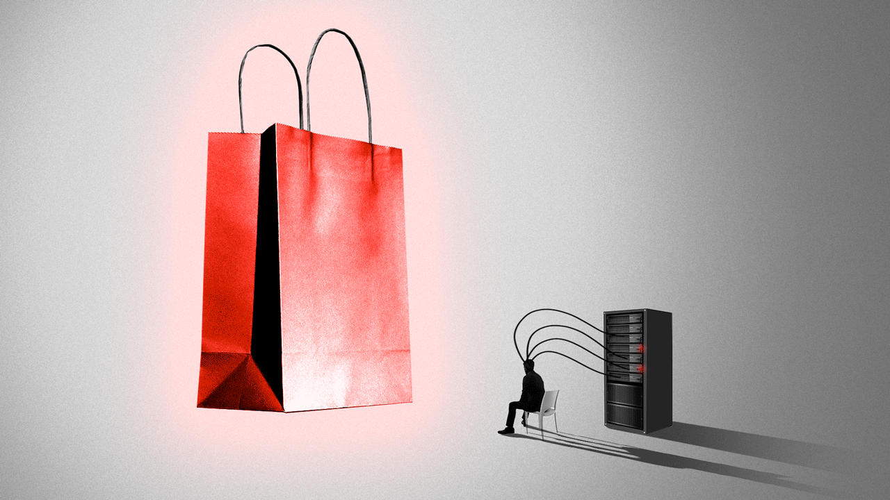 Animated illustration of a person hooked up as if for an EEG, in front of a giant glowing shopping bag.