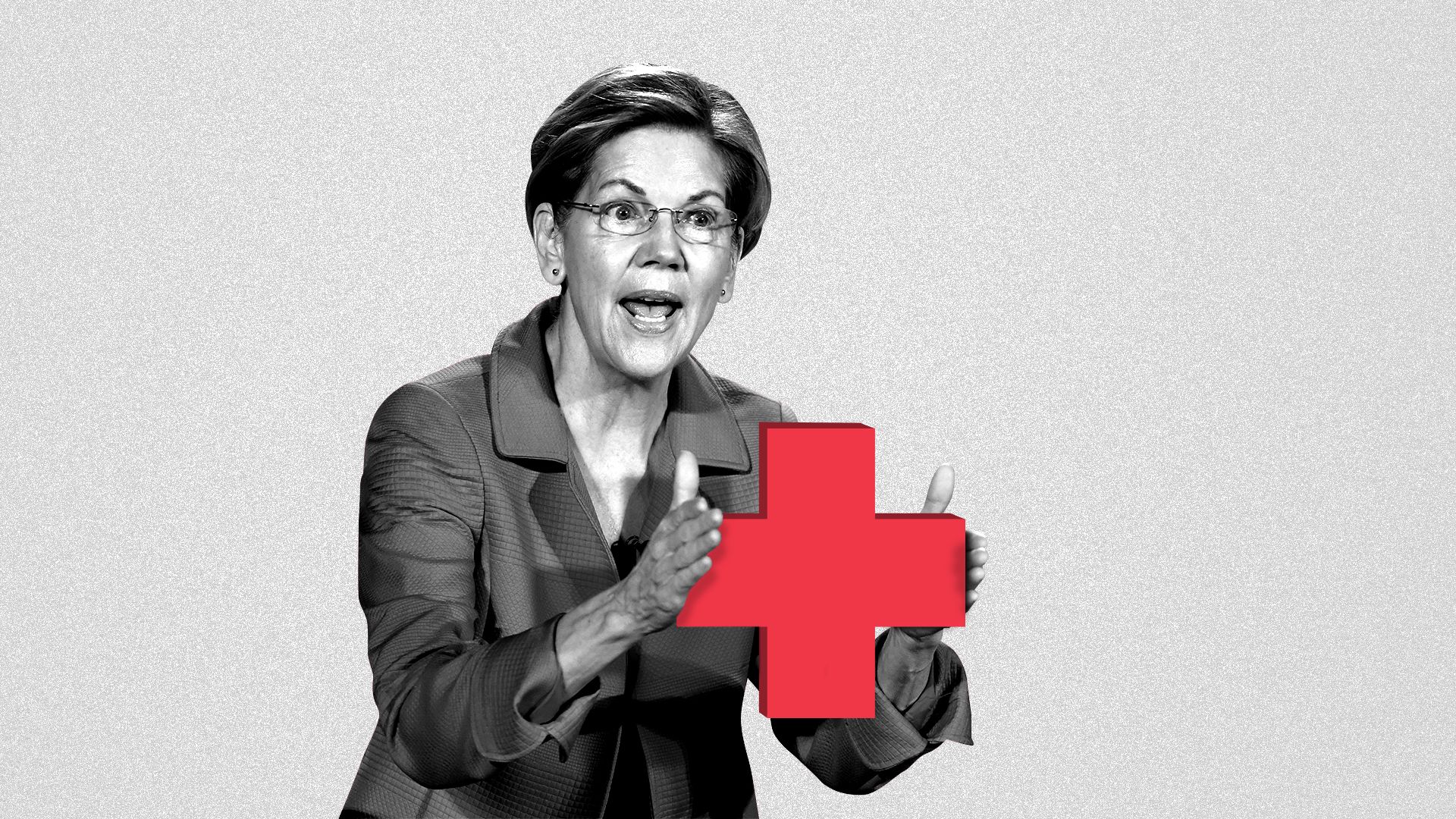 Illustration of Elizabeth Warren holding out a health plus.