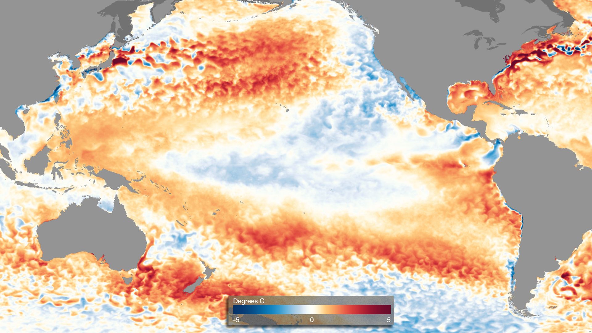 Map showing weekly temperature anomalies across the tropical Pacific Ocean, with diminishing signs of a La Nina.