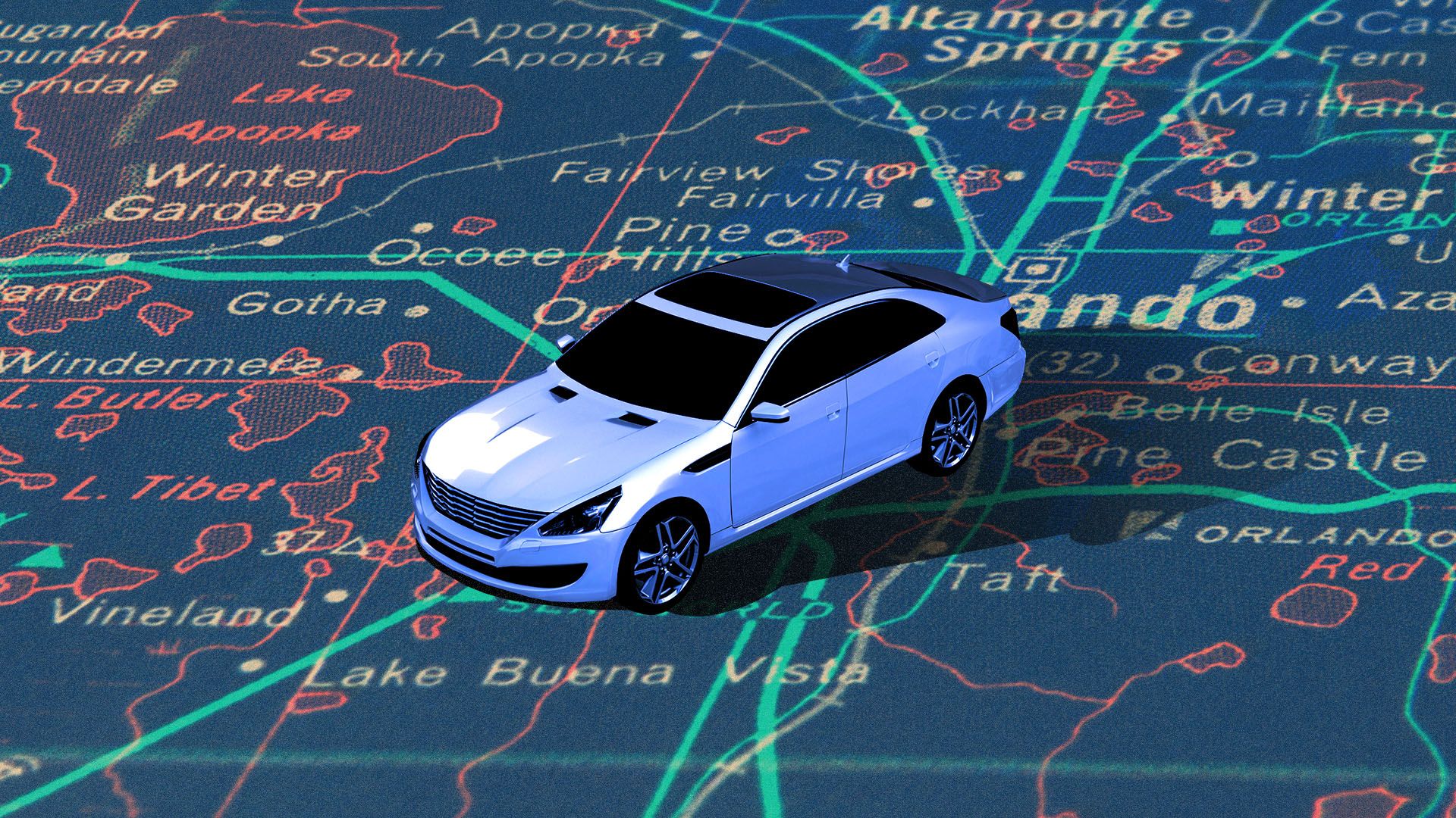 Illustration of car on top of a road map