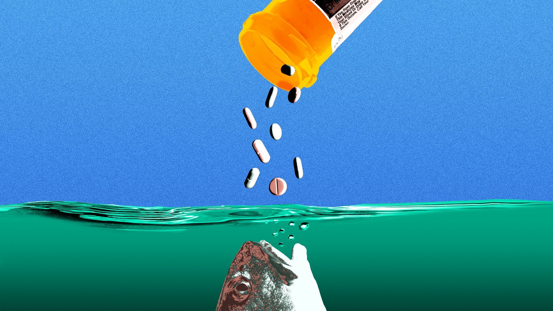 Illustration of a redfish with an open mouth rising to the surface to get pills being spilled out of a prescription bottle like fish food. 