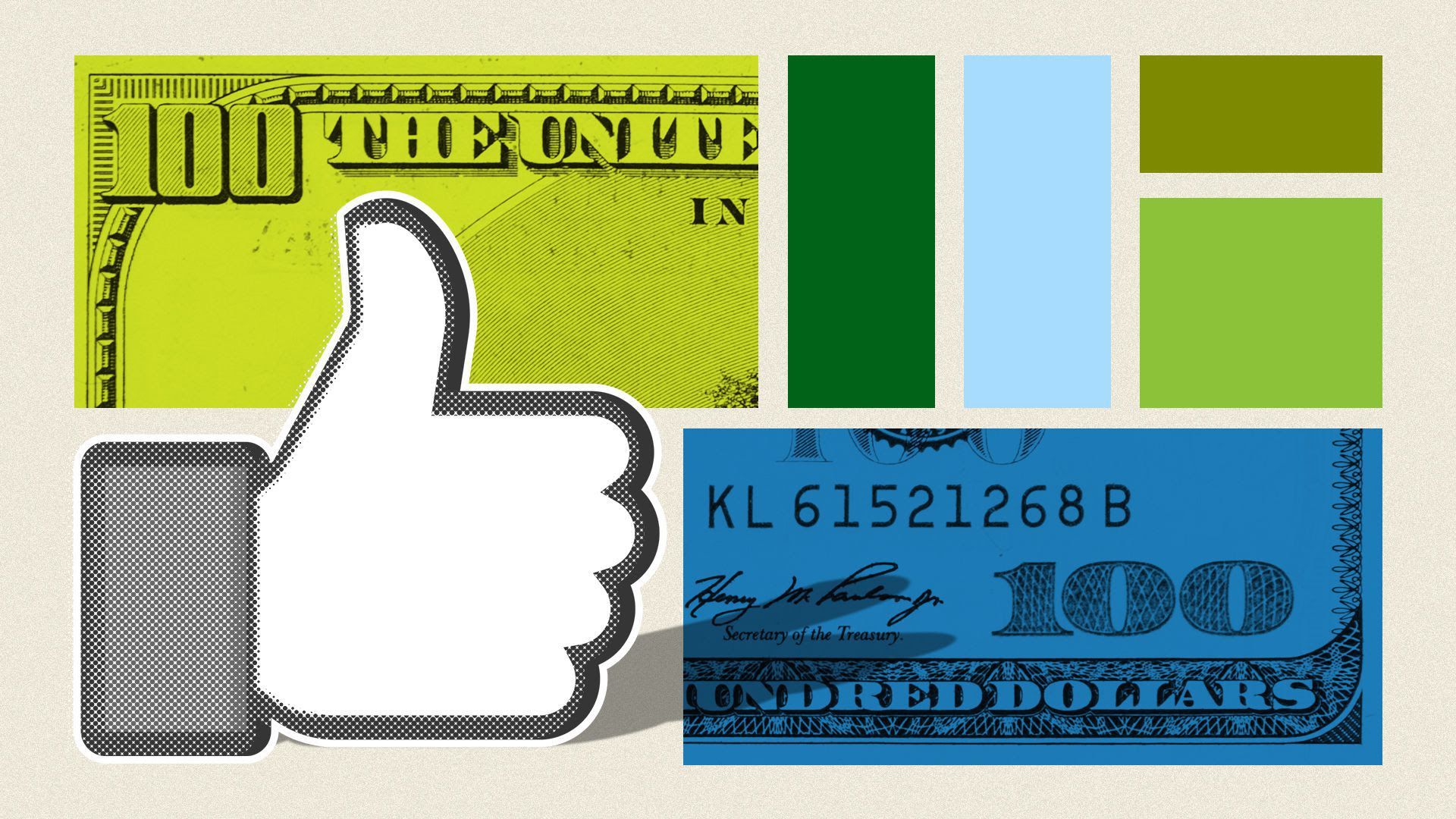 The Facebook thumbs up next to illustrations of money