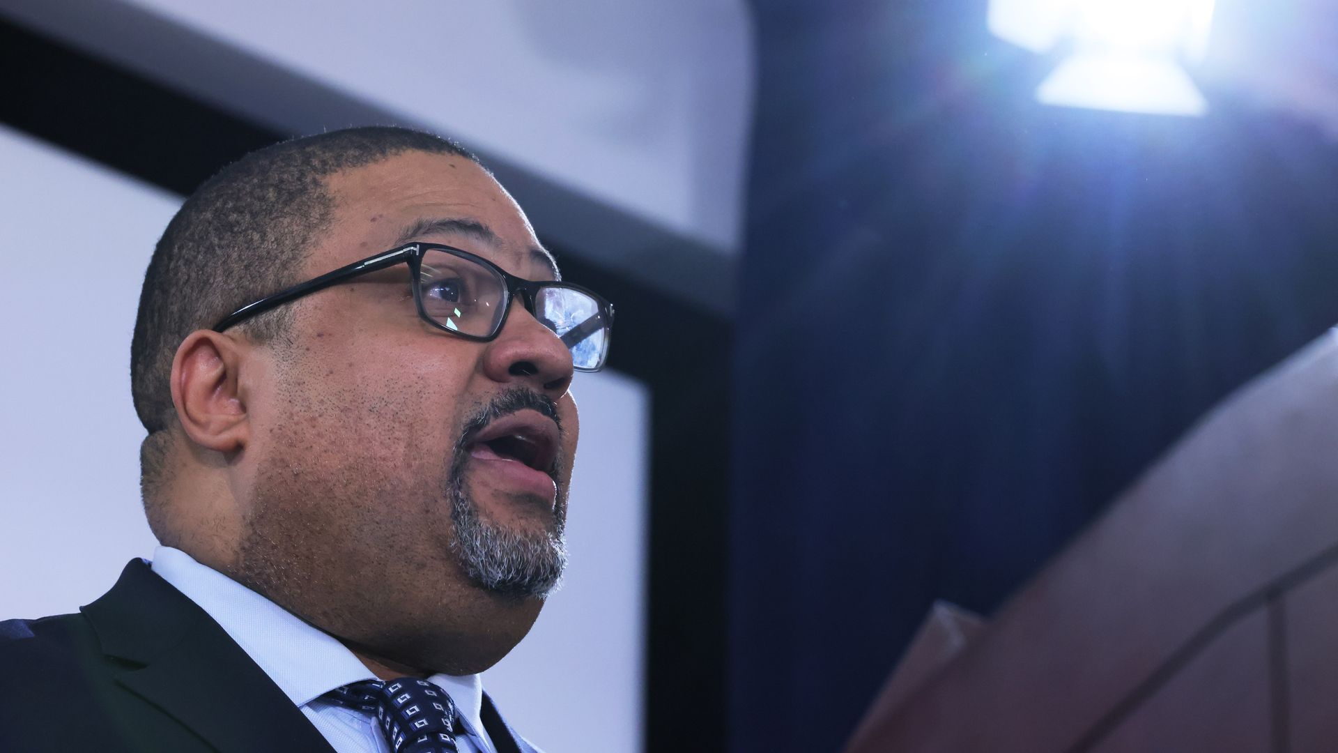 Manhattan District Attorney Alvin Bragg speaks during a press conference at the office of the District Attorneys on February 08, 2024 in New York City