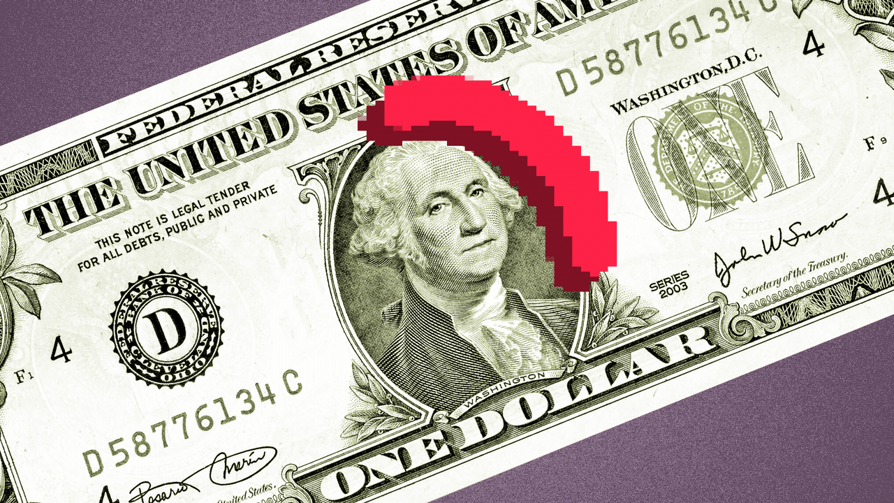 Illustration of a dollar bill with a pixelated no symbol being drawn over George Washington.
