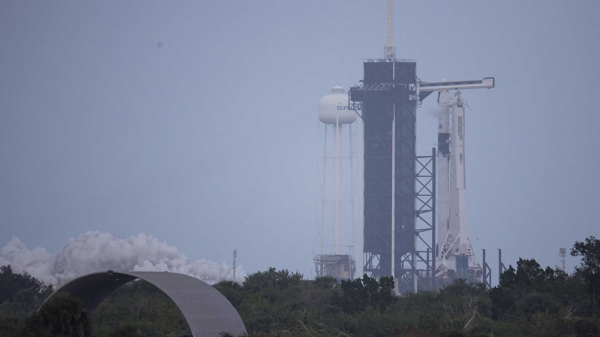 A Falcon 9 rocket on the pad ahead of launch