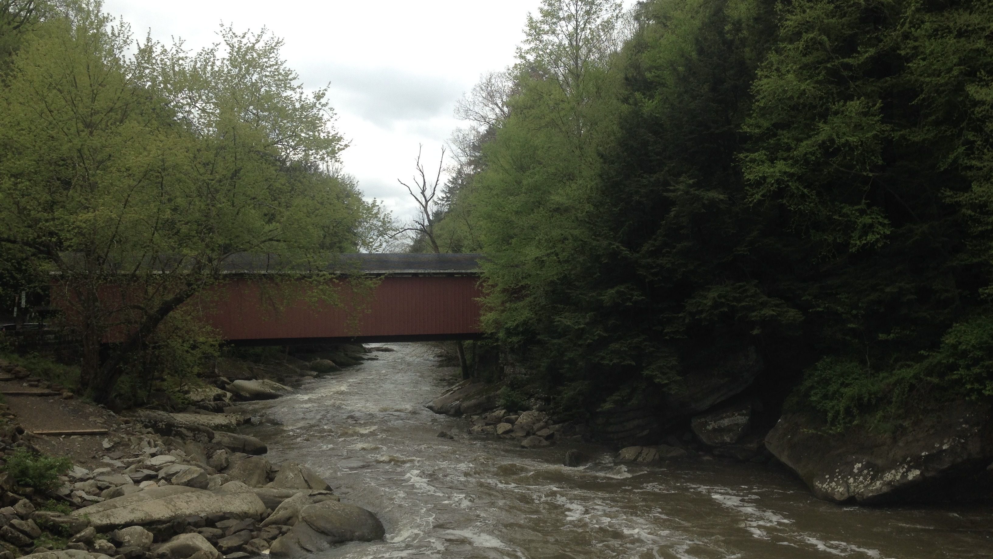 River flowing under a red covered bridge surrounded by lush green trees and large rocks on a cloudy day.
