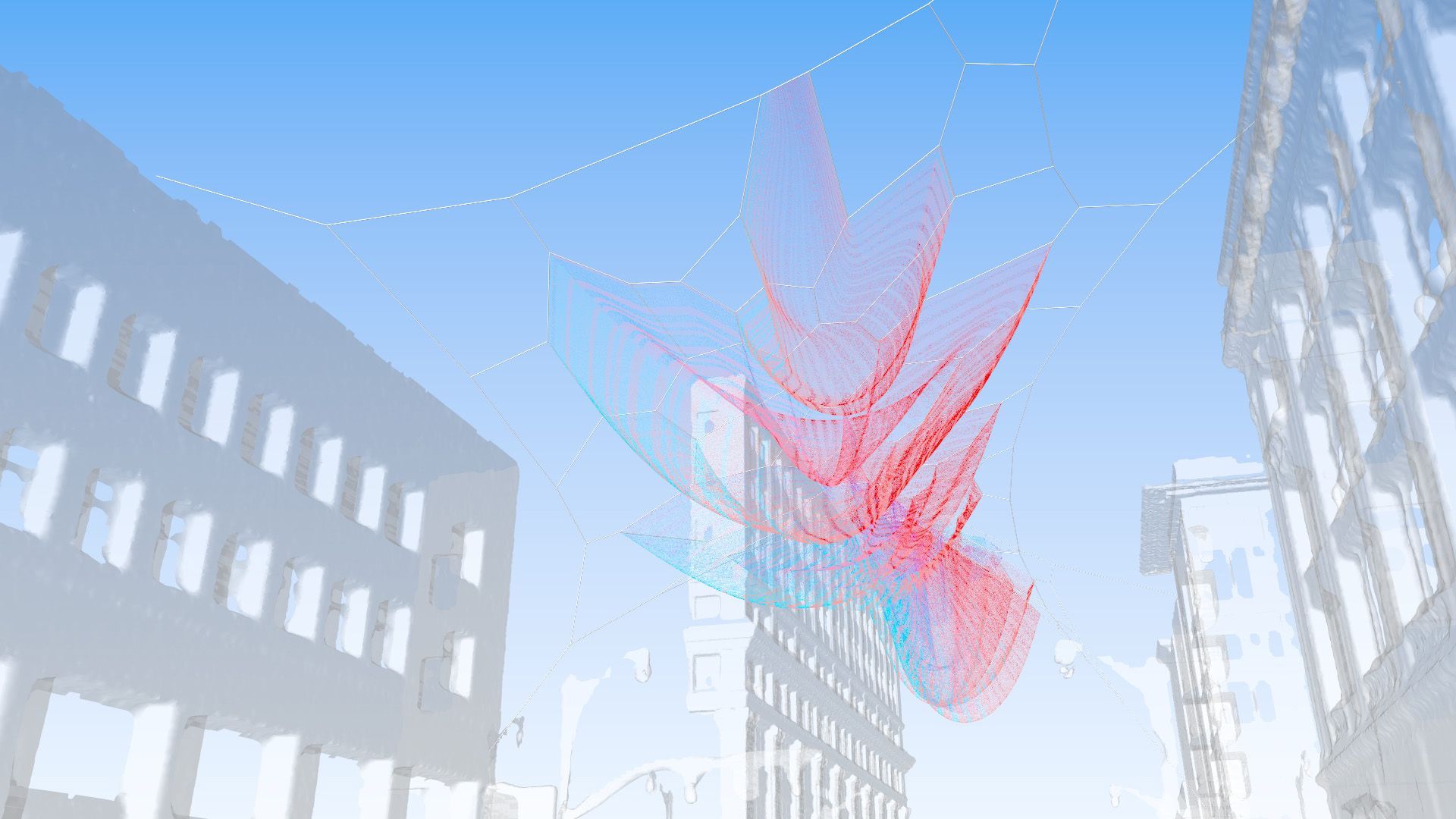 An artist rendering of a soft fiber sculpture hanging above a downtown Columbus intersection.