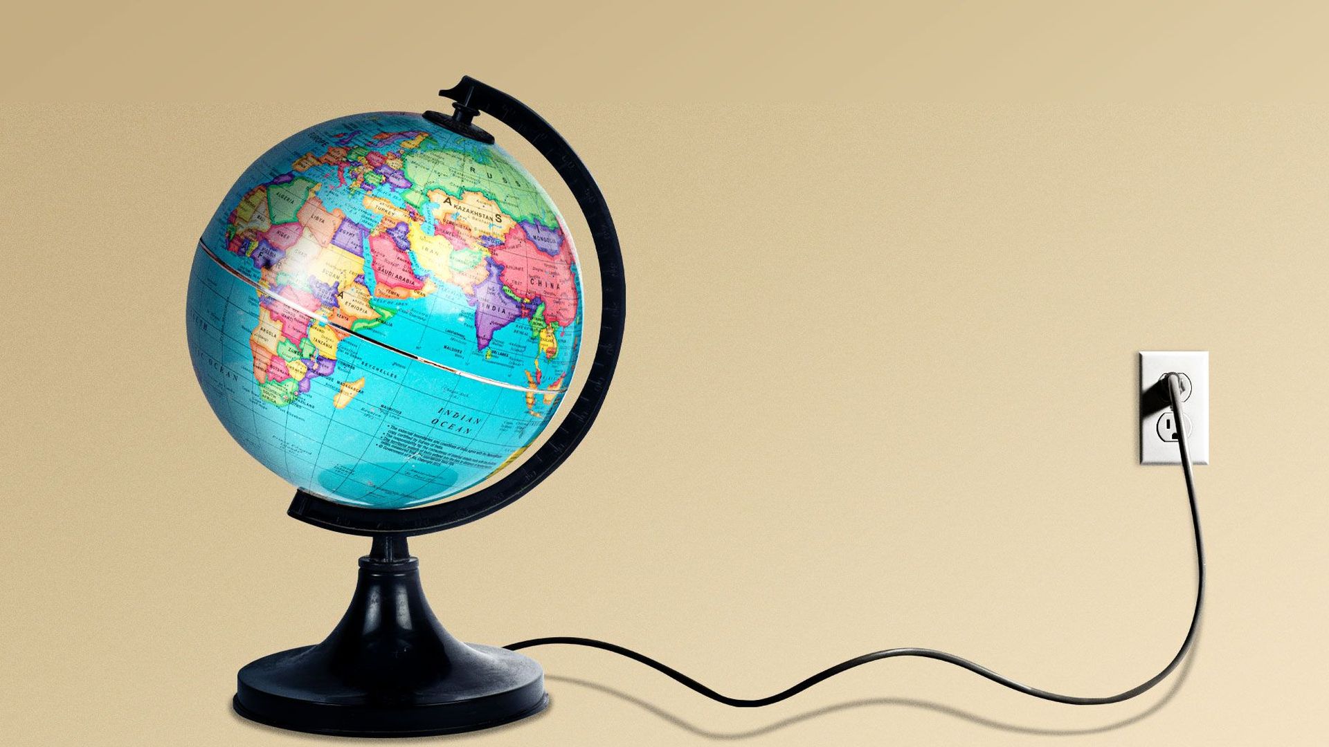 Illustration of a globe of Asia and Africa plugged into the wall