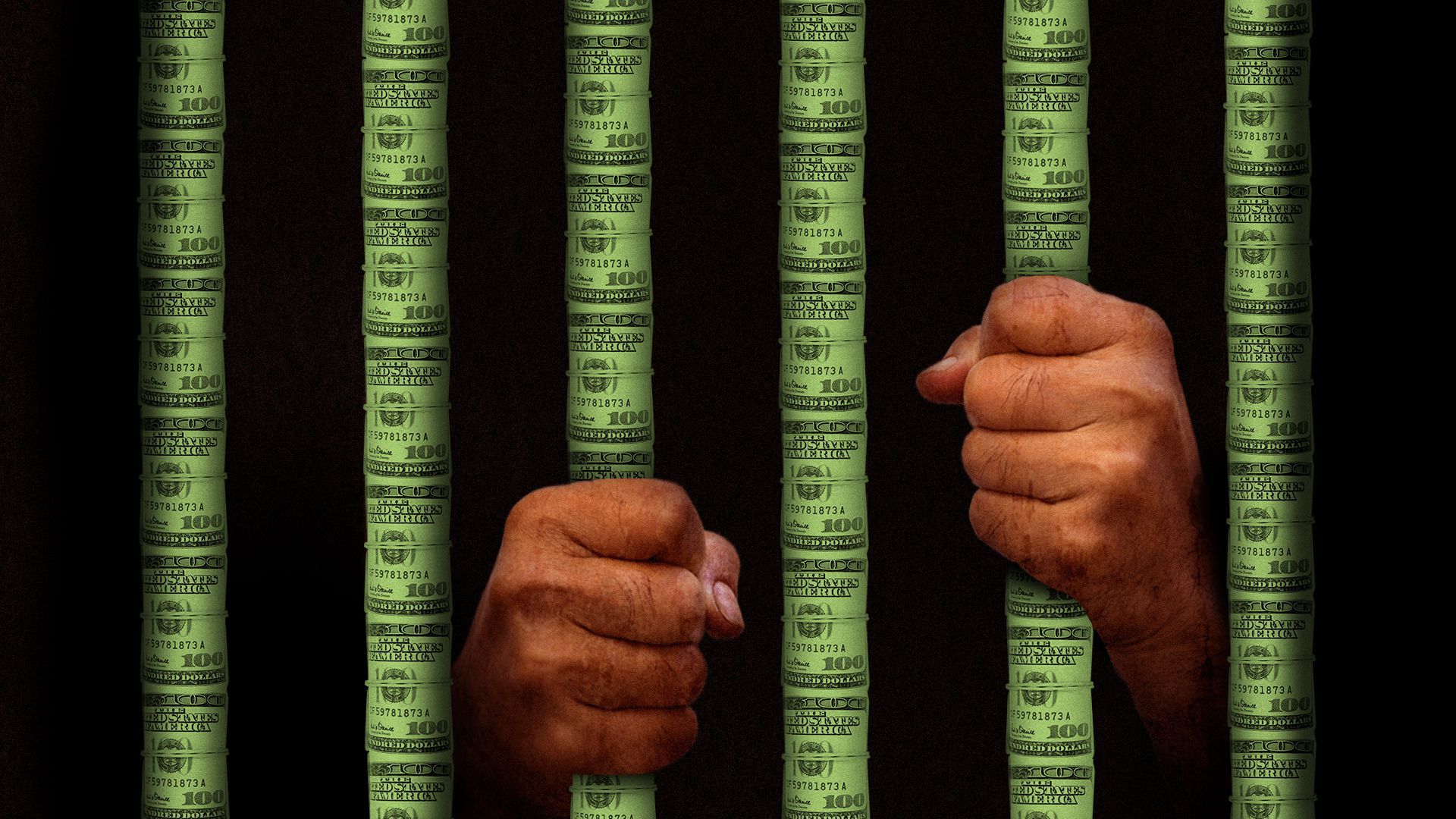 Illustration of hands behind bars made up of stacked rolls of money.  