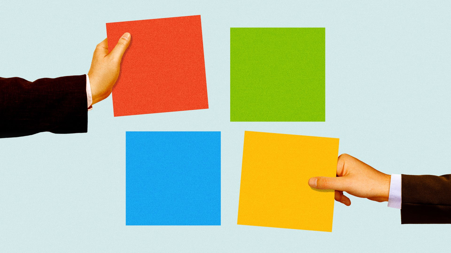 Illustration of hands pulling apart the Microsoft logo.