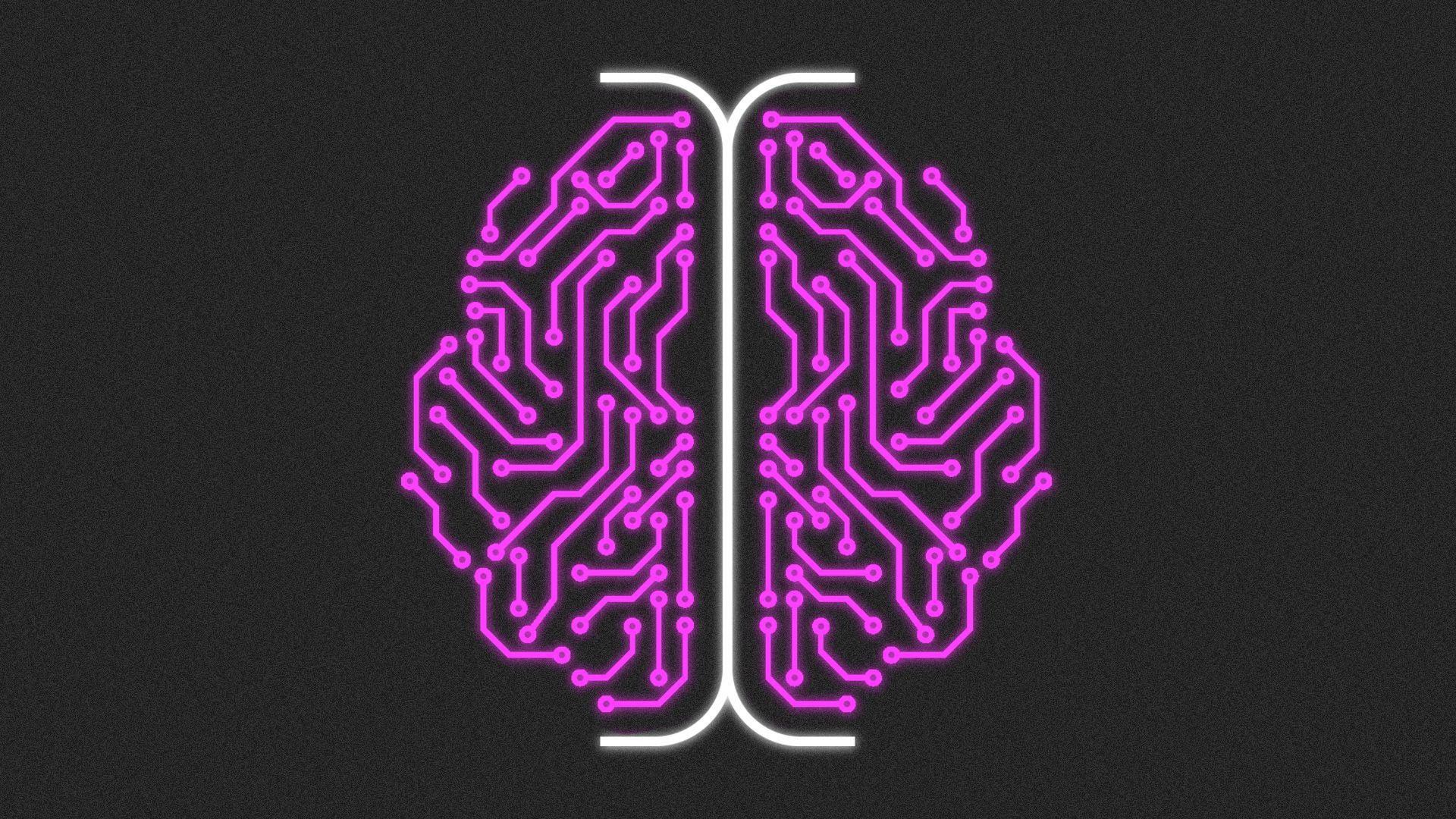 Illustration of a brain made up from a glowing white cursor in the center and a glowing circuit pattern on either side. 