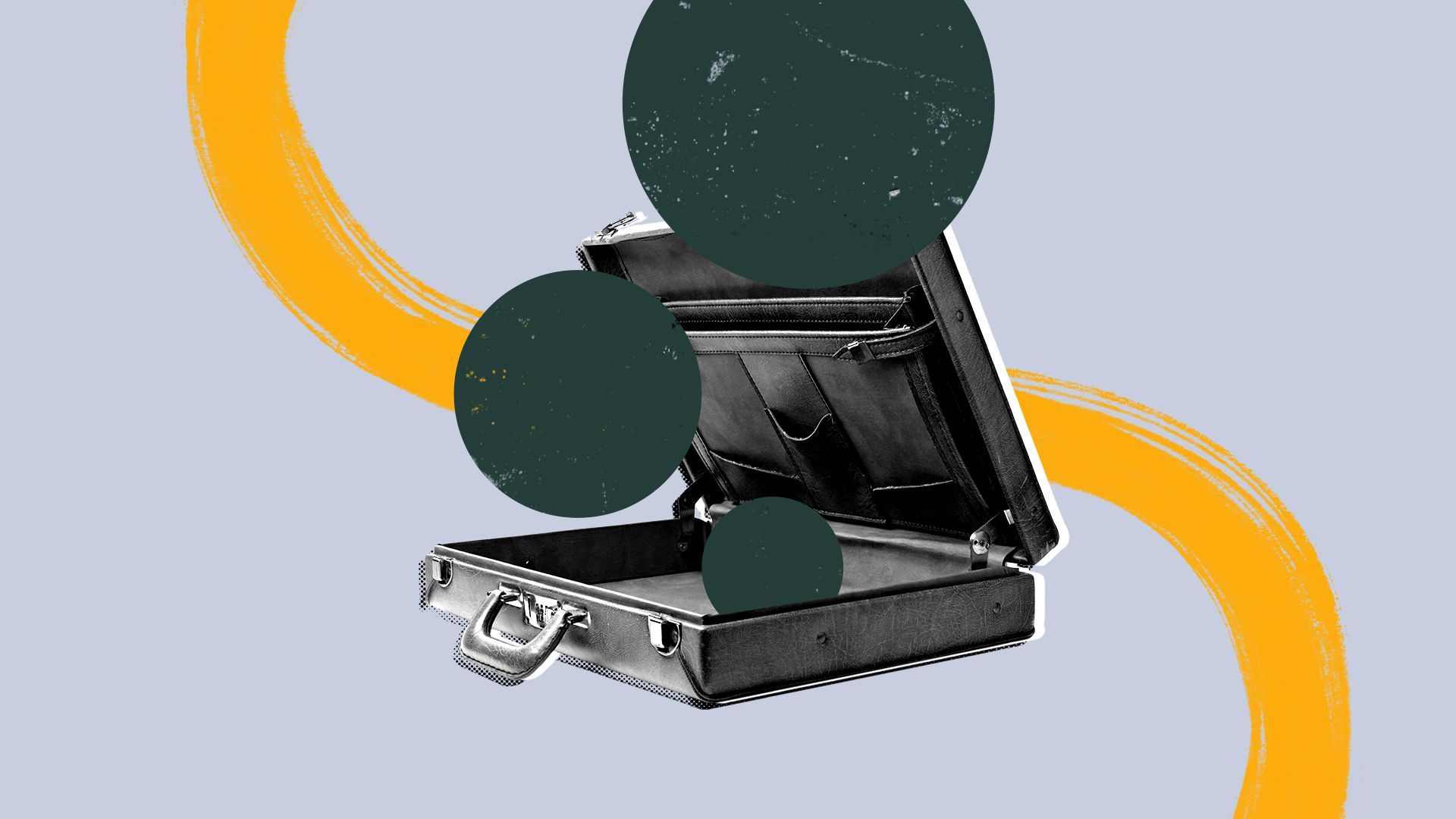 Illusration of an opened briefcase with shapes coming out.