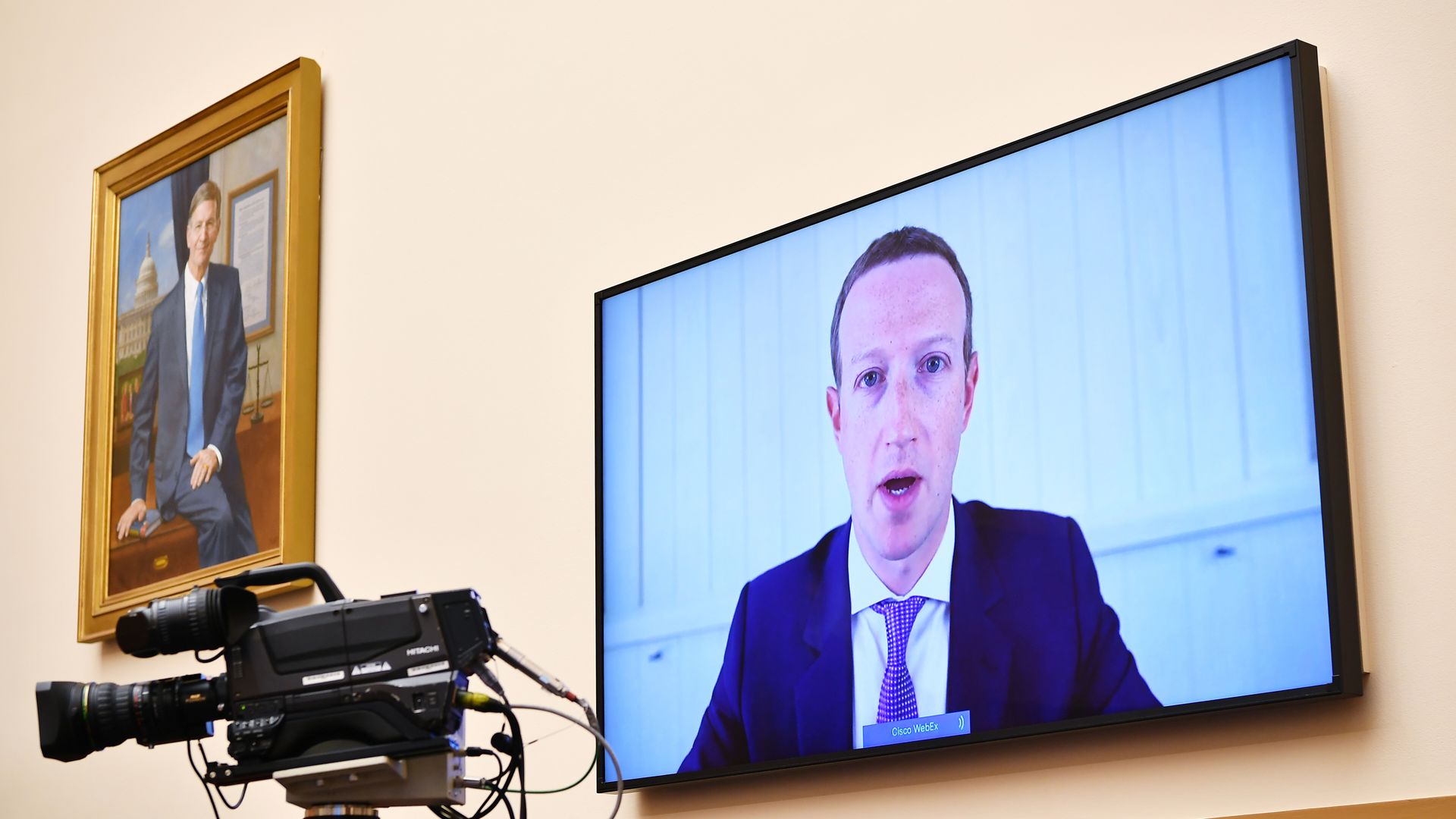 A photo of a TV screen in the U.S. Capitol as Facebook CEO Mark Zuckerberg testifies in an antitrust hearing via video conference.