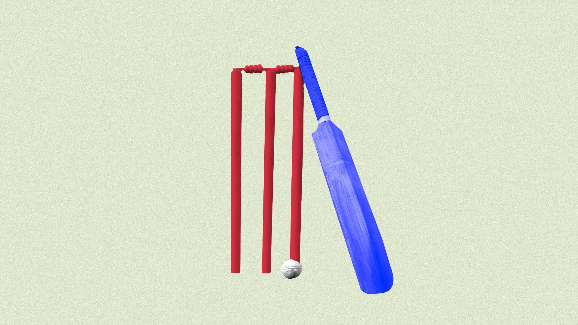 Illustration of a cricket wicket, ball and bat styled as a deconstructed US flag